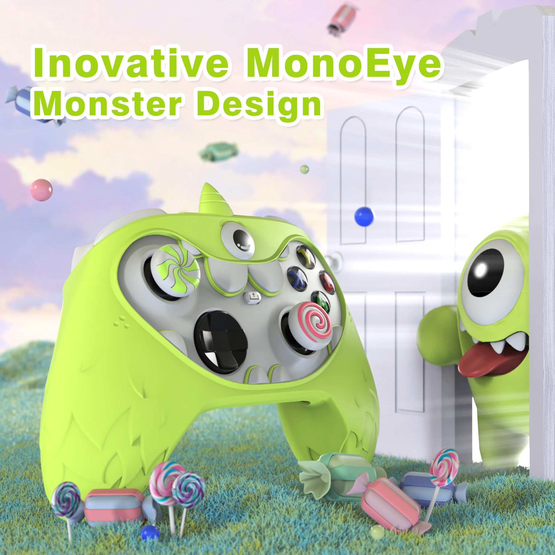 PlayVital MonoEye Monster Controller Skin for Xbox Series X/S - Cute Anti-Slip Silicone Cover Case with 4 Candy Thumb Grip Caps & Stickers, Full Protection Set, Green - Flex Gamingproduct_type