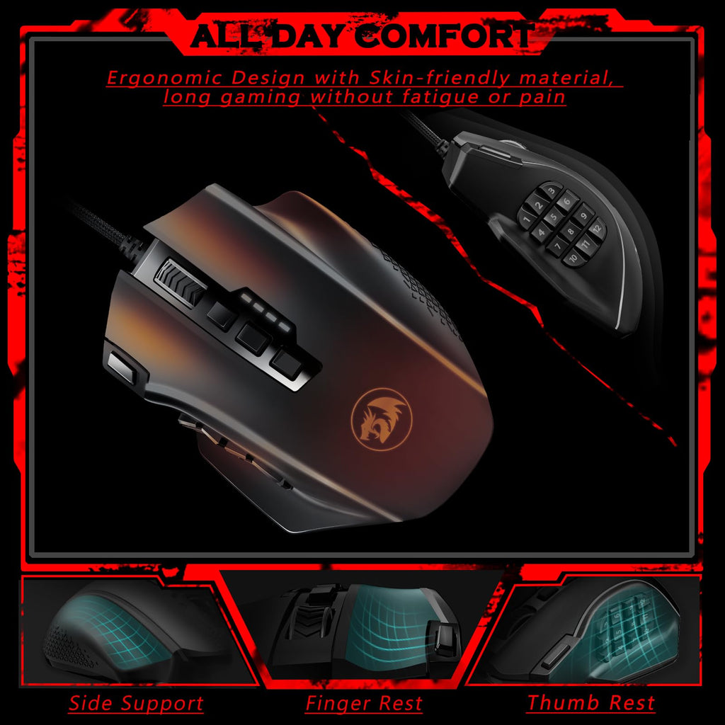 Redragon Gaming Mouse, MMO Mouse Gaming UP 12400 DPI, 19 Macro Programmable Buttons, RGB Mouse with 12 Side Buttons, 8 * 2.4g Weight Tuning for PC Laptop MOBA FPS, M901K, Black - Flex Gamingproduct_type