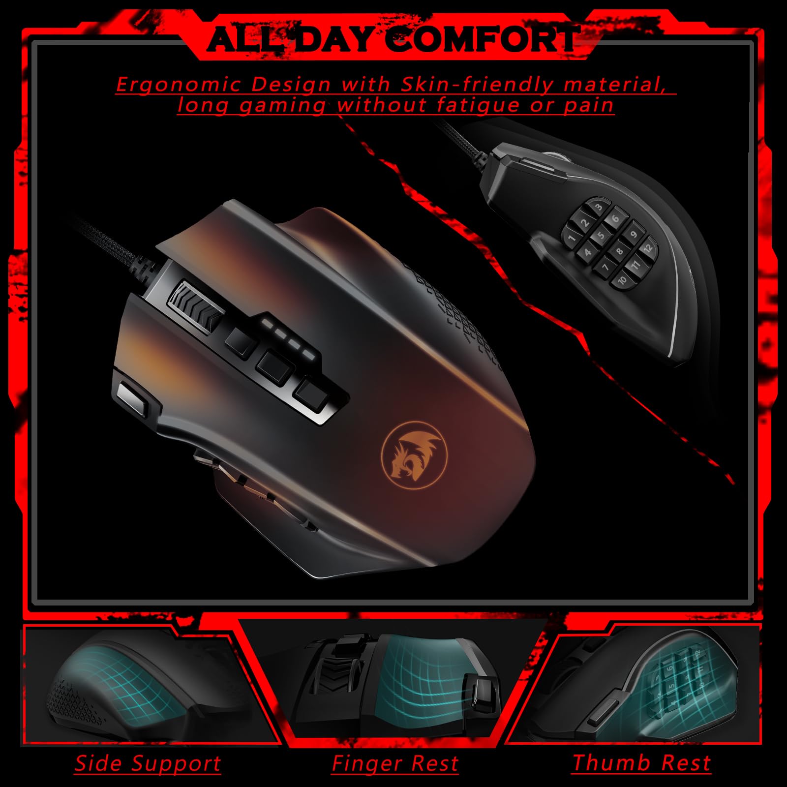 Redragon Gaming Mouse, MMO Mouse Gaming UP 12400 DPI, 19 Macro Programmable Buttons, RGB Mouse with 12 Side Buttons, 8 * 2.4g Weight Tuning for PC Laptop MOBA FPS, M901K, Black - Flex Gamingproduct_type