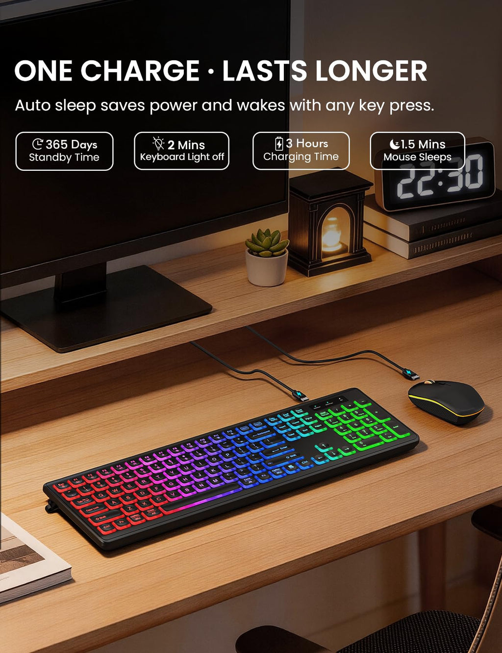 Wireless Keyboard and Mouse Combo, RGB Backlit, Rechargeable & Light Up Letters, Full-Size, Soft Typing, Sleep Mode, 2.4GHz Quiet Keyboard Set for Mac, Windows, Laptop, PC, Trueque KM42Pro (Black) - Flex Gamingproduct_type