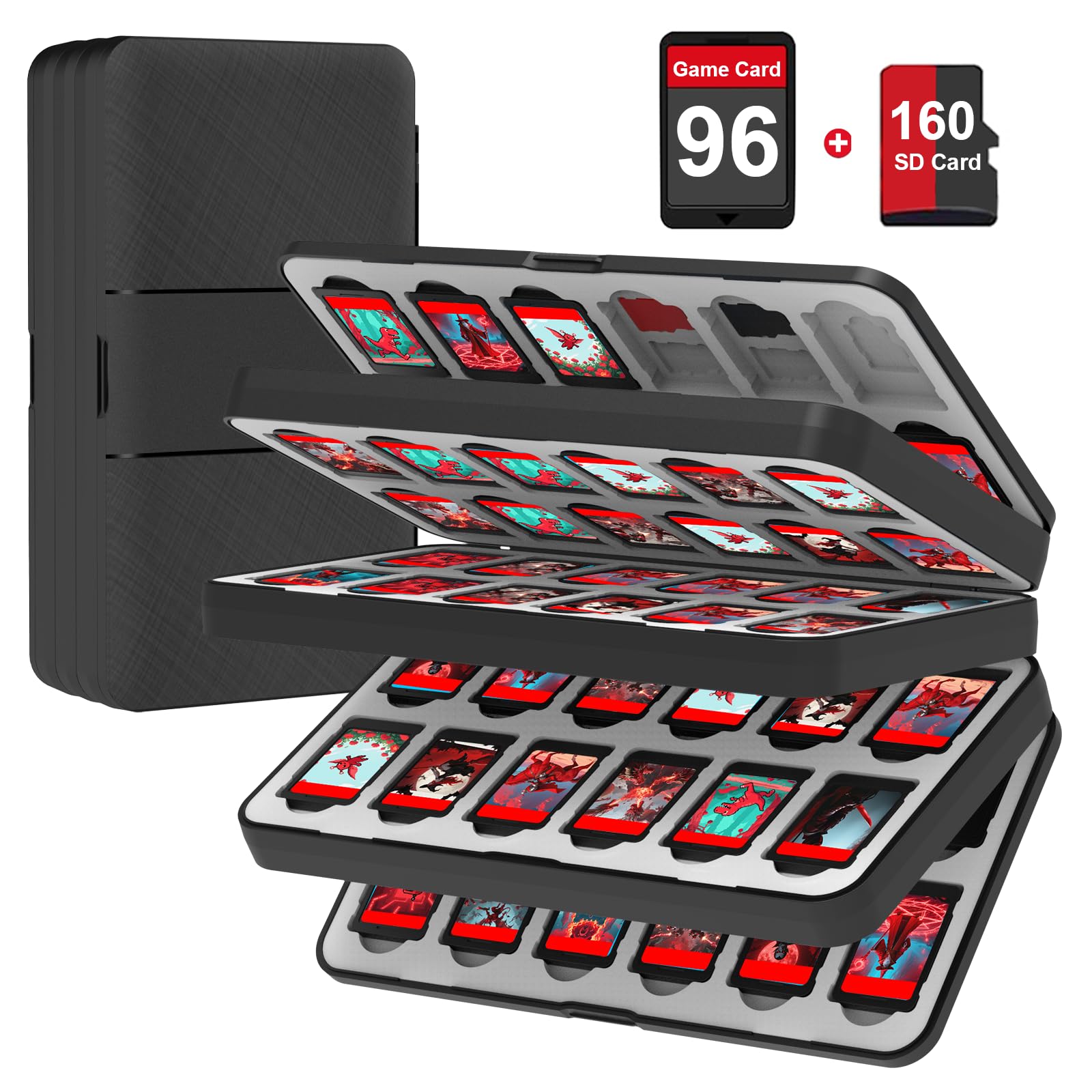 QuoLumPIA 96 Game Case - for Nintendo Switch 2/OLED/Lite Cartridge storage with 96 Game Card Slots & 160 Micro SD Card Slots, Black, Hard Shell, Silicone Lining, Magnetic snap, Travel, Gift, Party - Flex Gamingproduct_type
