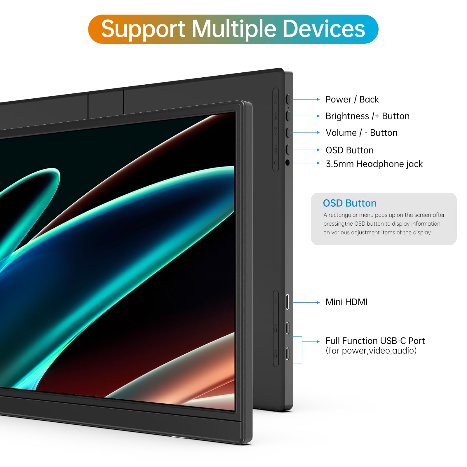 MNN Portable Monitor 15.6inch FHD 1080P 60Hz USB C HDMI Gaming Ultra-Slim IPS Display w/Smart Cover & Speakers,HDR Plug&Play, External Monitor for Laptop PC Phone Mac (15.6'' 1080P) - Flex Gamingproduct_type