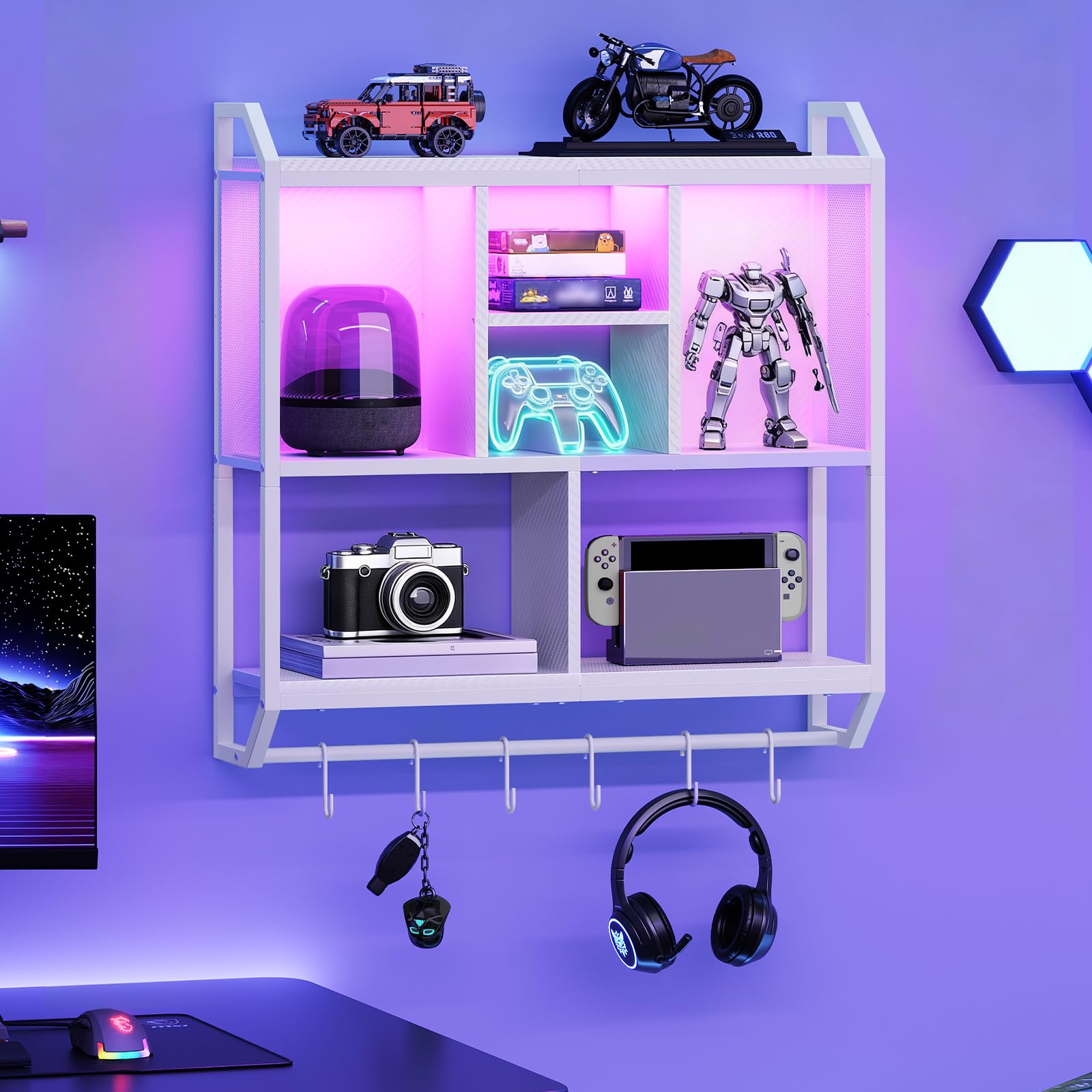 HOOBRO Gaming Floating Shelves with LED Lights, 28.7" LED Wall Mounted Shelf, 3-Tier Display Rack for Wall Storage, Floating Rack with Hanging Rod and 6 S-Hooks, for Gaming Room, Black BB70DBJ01 - Flex Gamingproduct_type