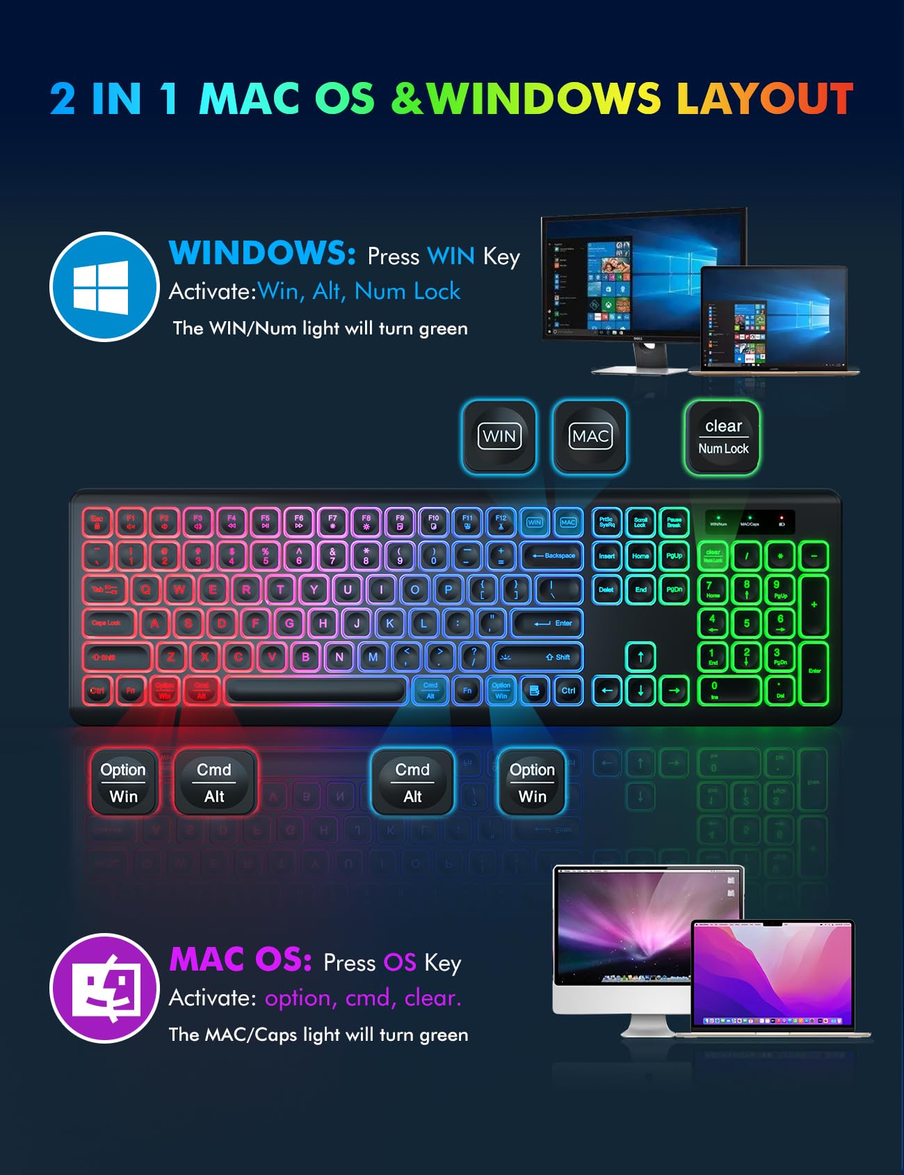 Wireless Keyboard and Mouse Combo, RGB Backlit, Rechargeable & Light Up Letters, Full-Size, Soft Typing, Sleep Mode, 2.4GHz Quiet Keyboard Set for Mac, Windows, Laptop, PC, Trueque KM42Pro (Black) - Flex Gamingproduct_type