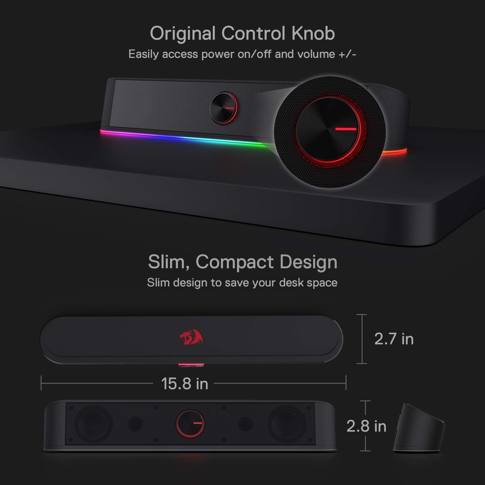 Redragon GS560 RGB Desktop Soundbar, 2.0 Channel Computer Speaker with Dynamic Lighting Bar Audio-Light Sync/Display, Touch-Control Backlit with Volume Knob, USB Powered w/ 3.5mm Cable, Black - Flex Gamingproduct_type