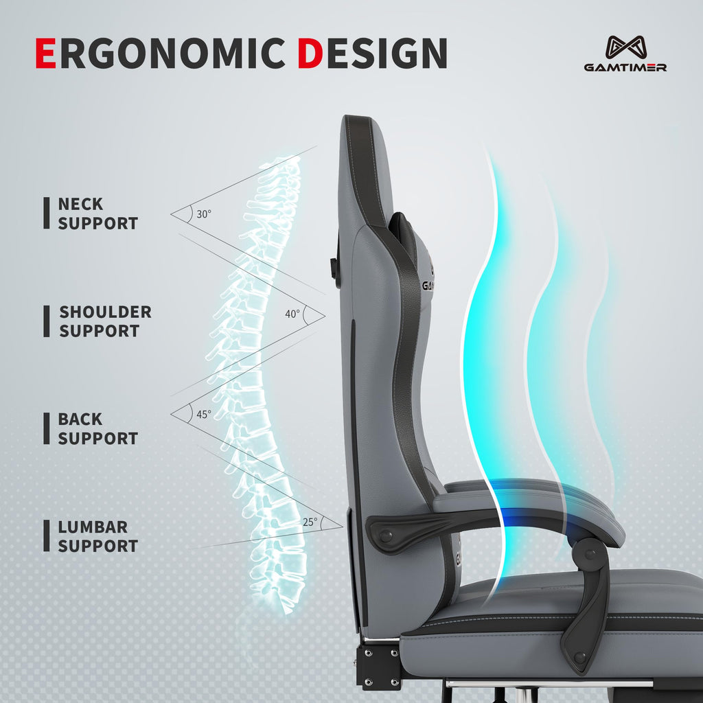 Gamtimer Gaming Chair with Footrest, Ergonomic Computer Chair, PU Breathable Material with Headrest and Lumbar Support, Suitable for Silla Gamer and Adults（Grey） - Flex Gamingproduct_type
