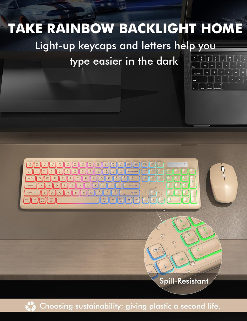 Wireless Keyboard and Mouse Combo, RGB Backlit, Rechargeable & Light Up Letters, Full-Size, Soft Typing, Sleep Mode, 2.4GHz Quiet Keyboard Set for Mac, Windows, Laptop, PC, Trueque KM42Pro (Black) - Flex Gamingproduct_type