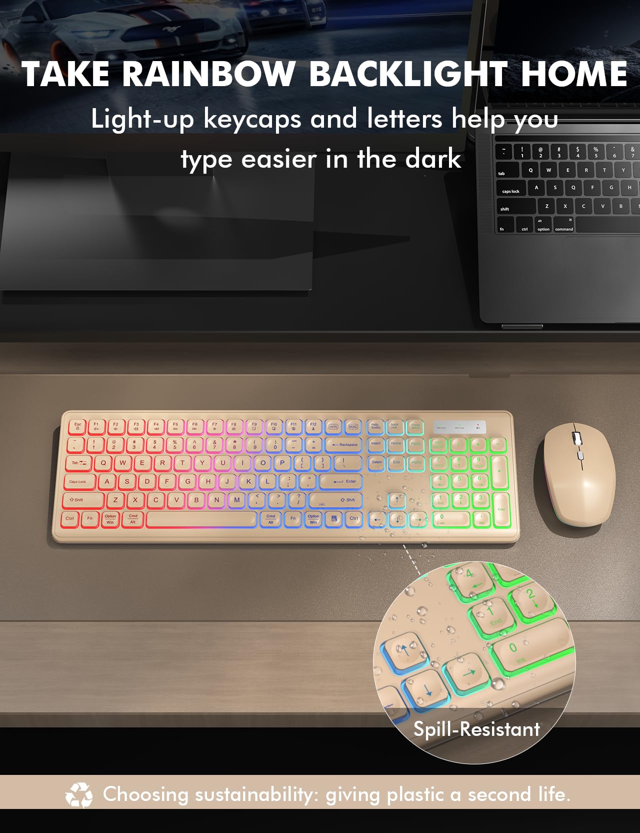 Wireless Keyboard and Mouse Combo, RGB Backlit, Rechargeable & Light Up Letters, Full-Size, Soft Typing, Sleep Mode, 2.4GHz Quiet Keyboard Set for Mac, Windows, Laptop, PC, Trueque KM42Pro (Black) - Flex Gamingproduct_type