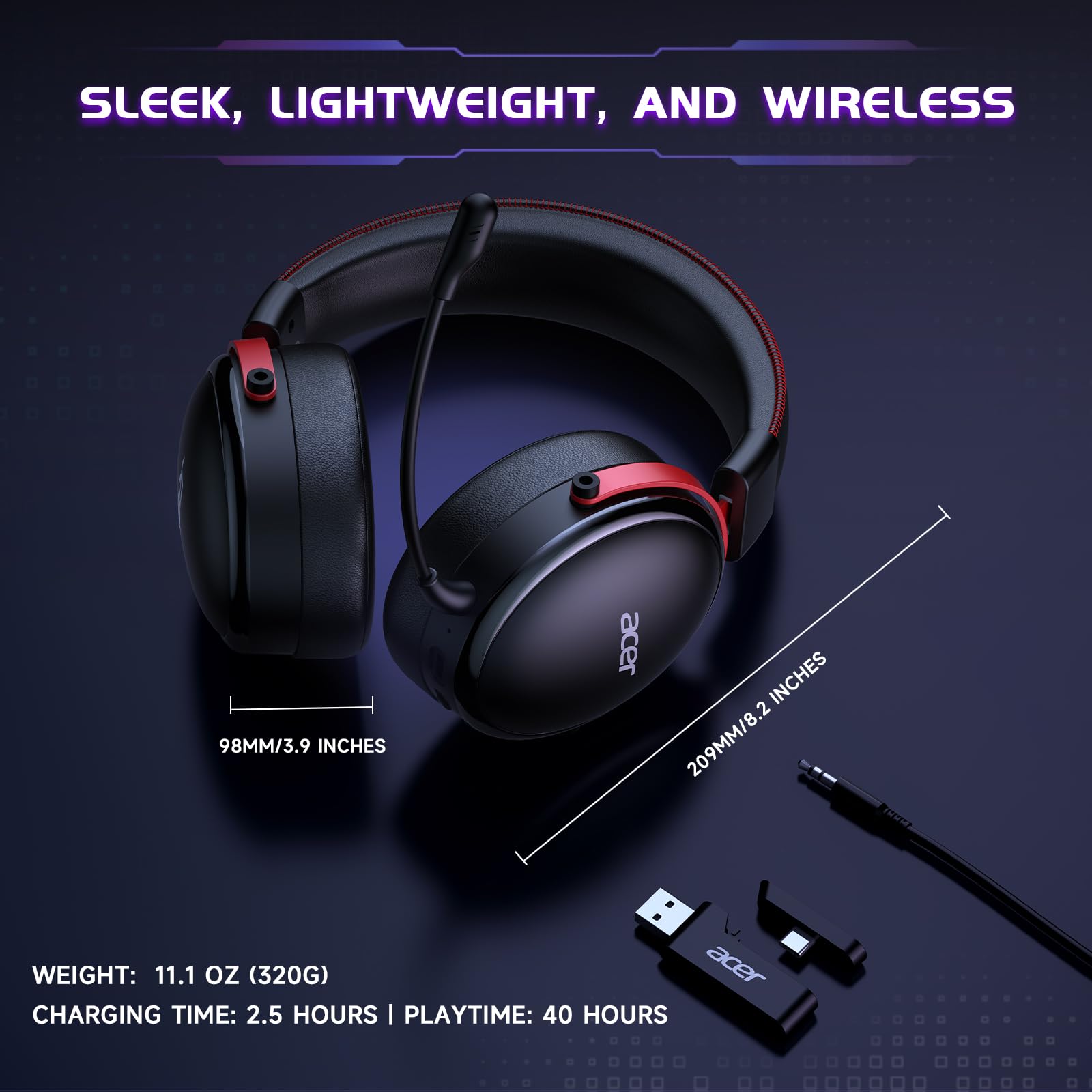 Acer 2.4GHz Wireless Gaming Headsets for PS5, PS4, PC, Switch, Tri-Mode Bluetooth Gaming Headset with Mic, Stereo Sound, 40+Hr Battery, 50mm Drivers - Black - Flex Gamingproduct_type