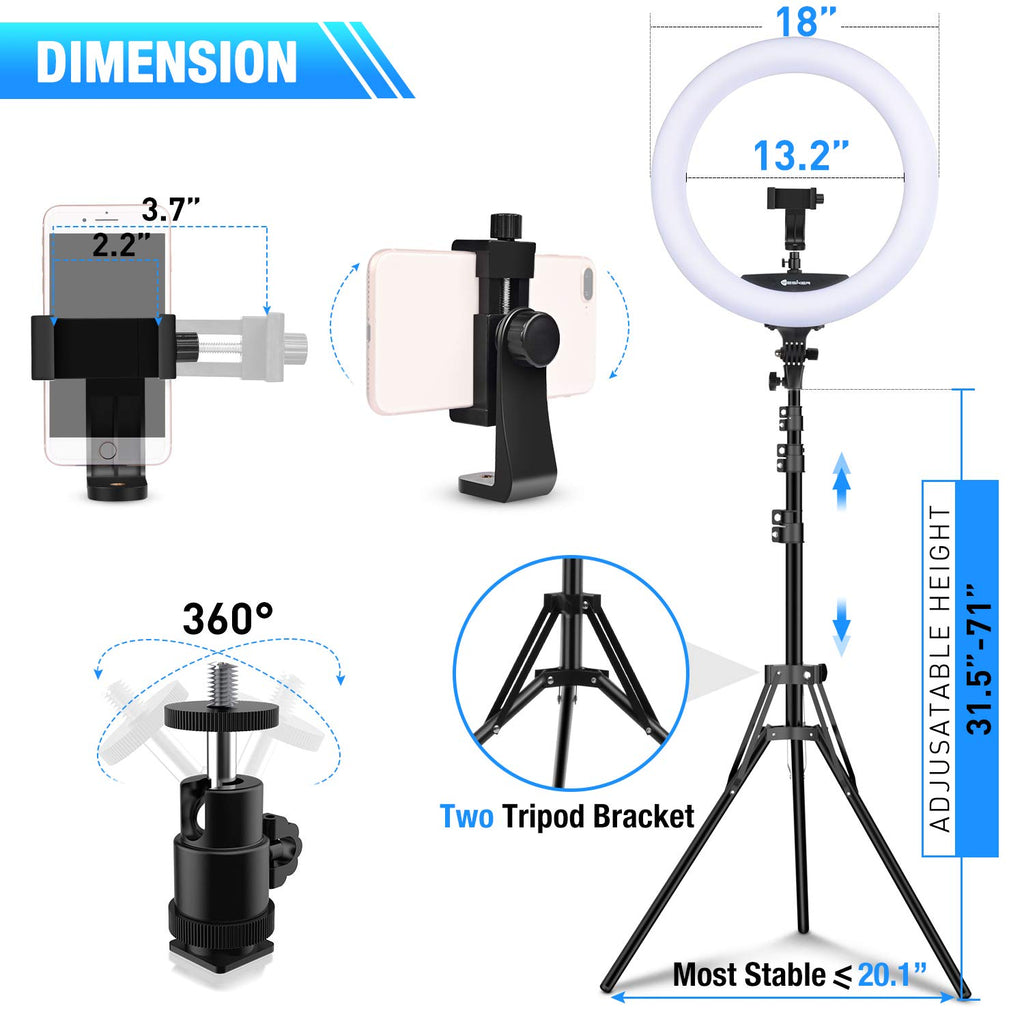 Yesker Ring Light with Tripod Stand and Phone Holder 18 Inch RGB Ringlight 25 RGB Modes Bi-Color Adjustable 2700–7000K LED Selfie Halo Light Kit for Live Stream Photography Zoom Makeup Youtobe Tiktok