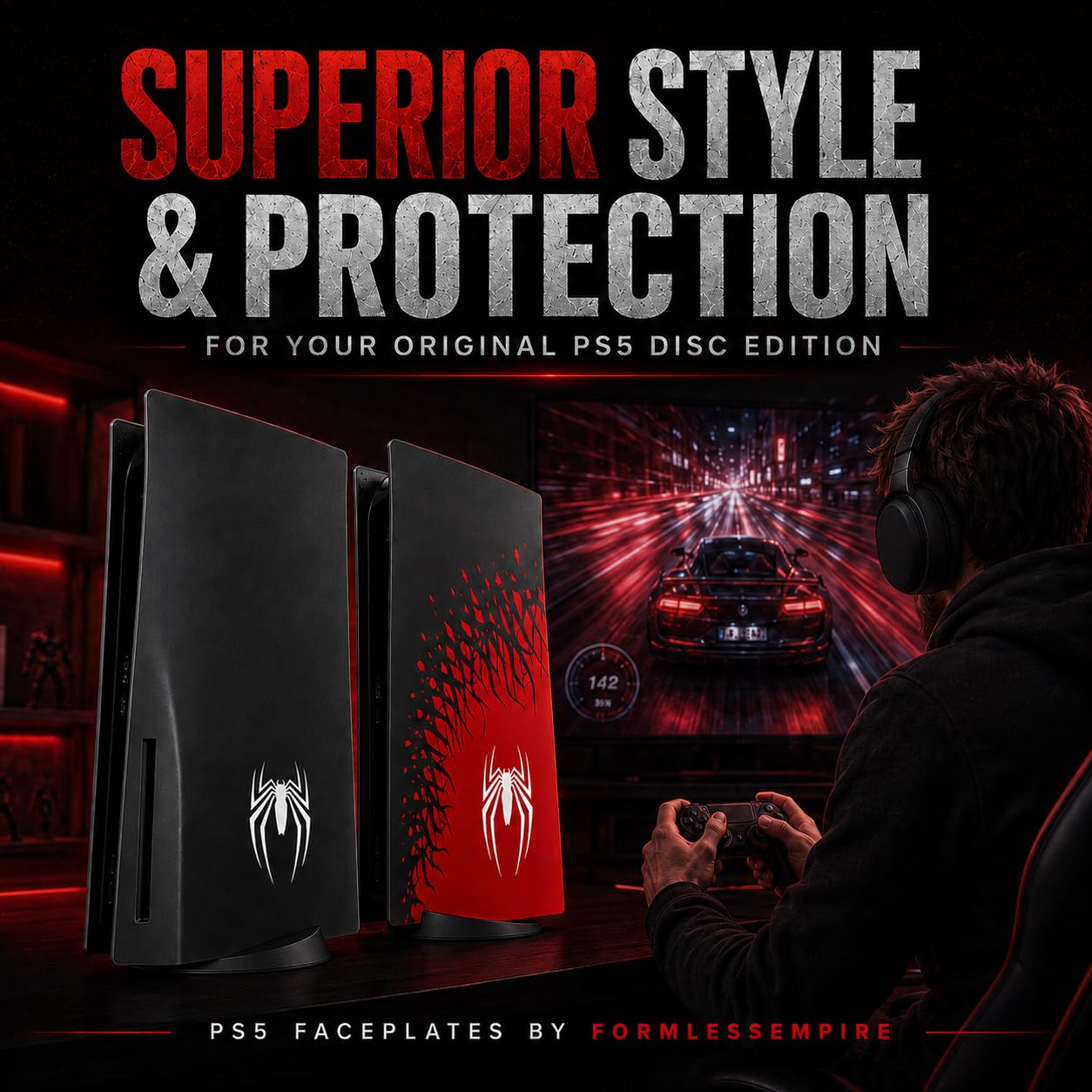 Cover Plates and Faceplate for PS5 Disc Edition, Compatible with PlayStation 5 Original Console, Red and Black Spider Design Replacement Side Panels - Flex Gamingproduct_type