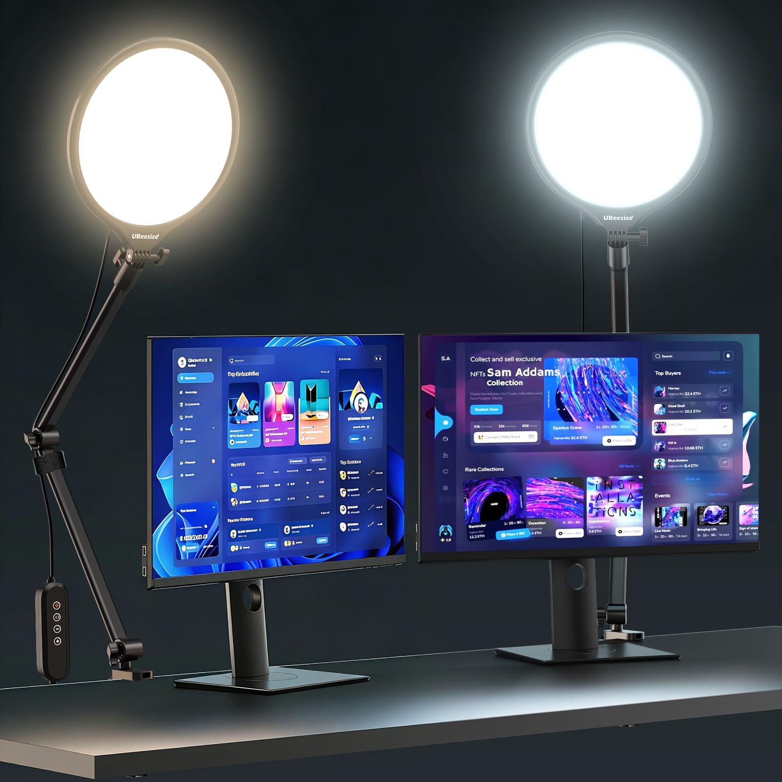 UBeesize 10" Desk Ring Light with Stand, Multi-Angle Adjustable Arm with C-Clamp for Home Office, Streaming Light with Inline Control for Video Conference, Podcast, Gaming, Recording, Live Streams - Flex Gamingproduct_type