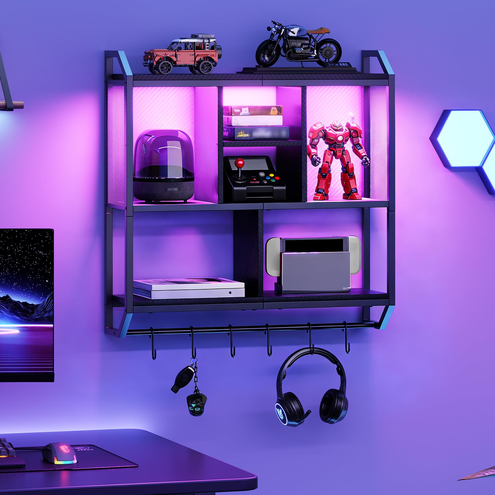 HOOBRO Gaming Floating Shelves with LED Lights, 28.7" LED Wall Mounted Shelf, 3-Tier Display Rack for Wall Storage, Floating Rack with Hanging Rod and 6 S-Hooks, for Gaming Room, Black BB70DBJ01 - Flex Gamingproduct_type