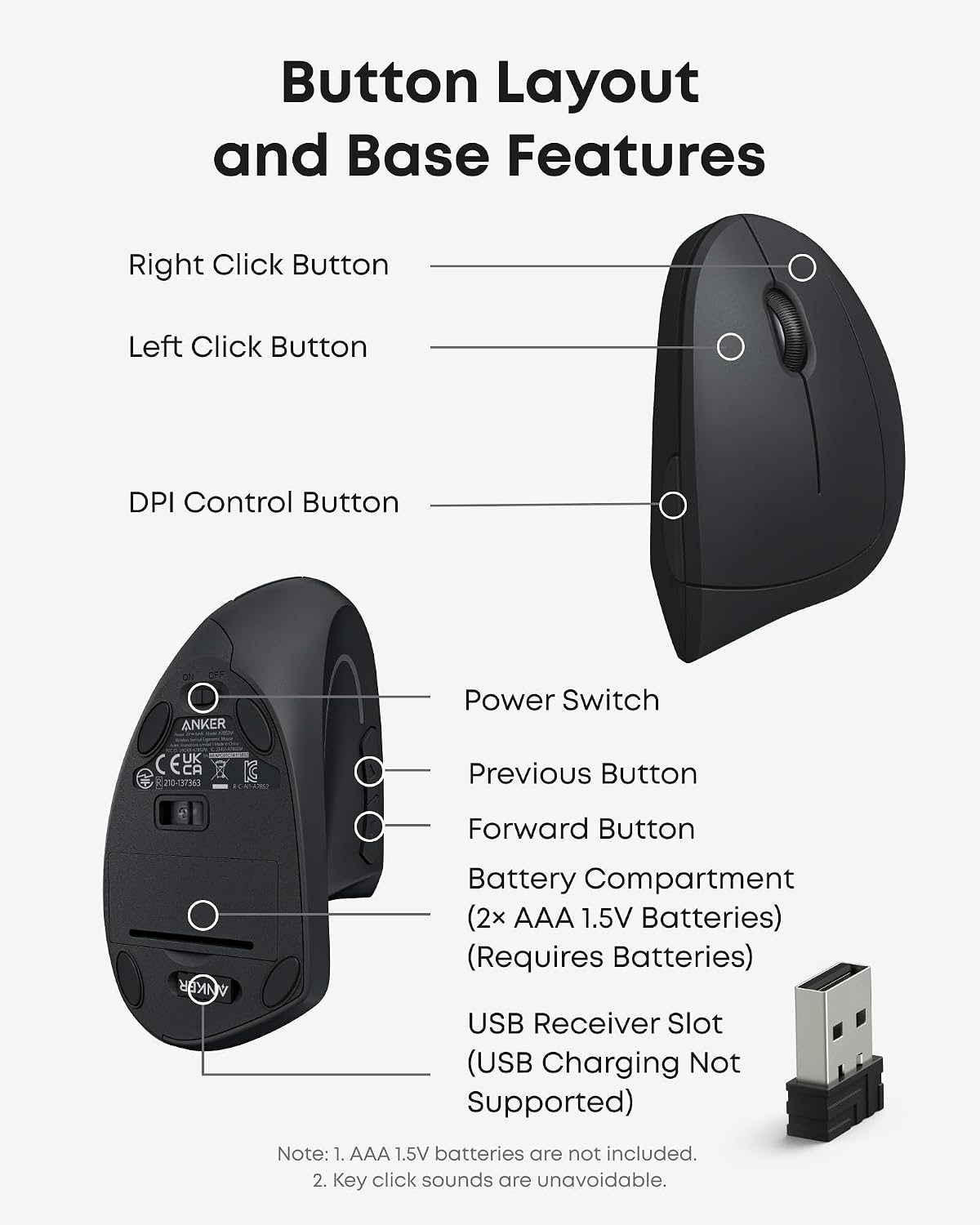 Anker 2.4G Wireless Vertical Ergonomic Optical Mouse for Work, Multi-Device Connectivity, 800/1200 /1600 DPI, 5 Buttons for Laptop, Desktop, PC - Black - Flex Gamingproduct_type