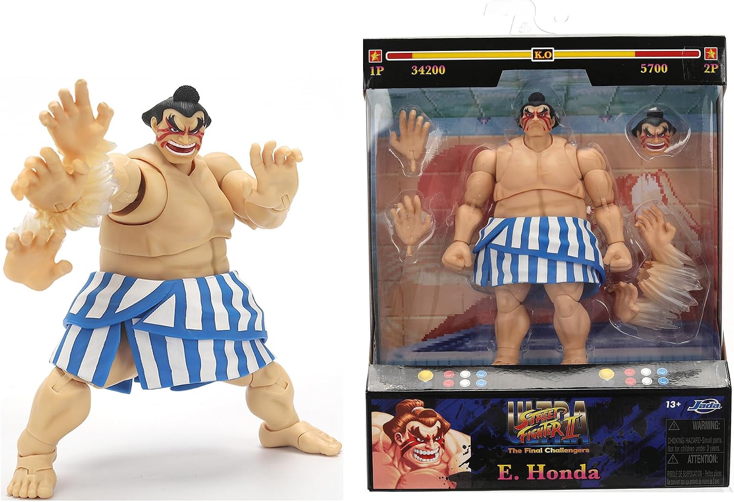 Jada Toys Street Fighter Figure E. Honda (16 cm) - Movable Collectible and Action Figure from Street Fighter 2: The Final Challengers, with Alternative Head, Hands and Accessories, from 13 Years