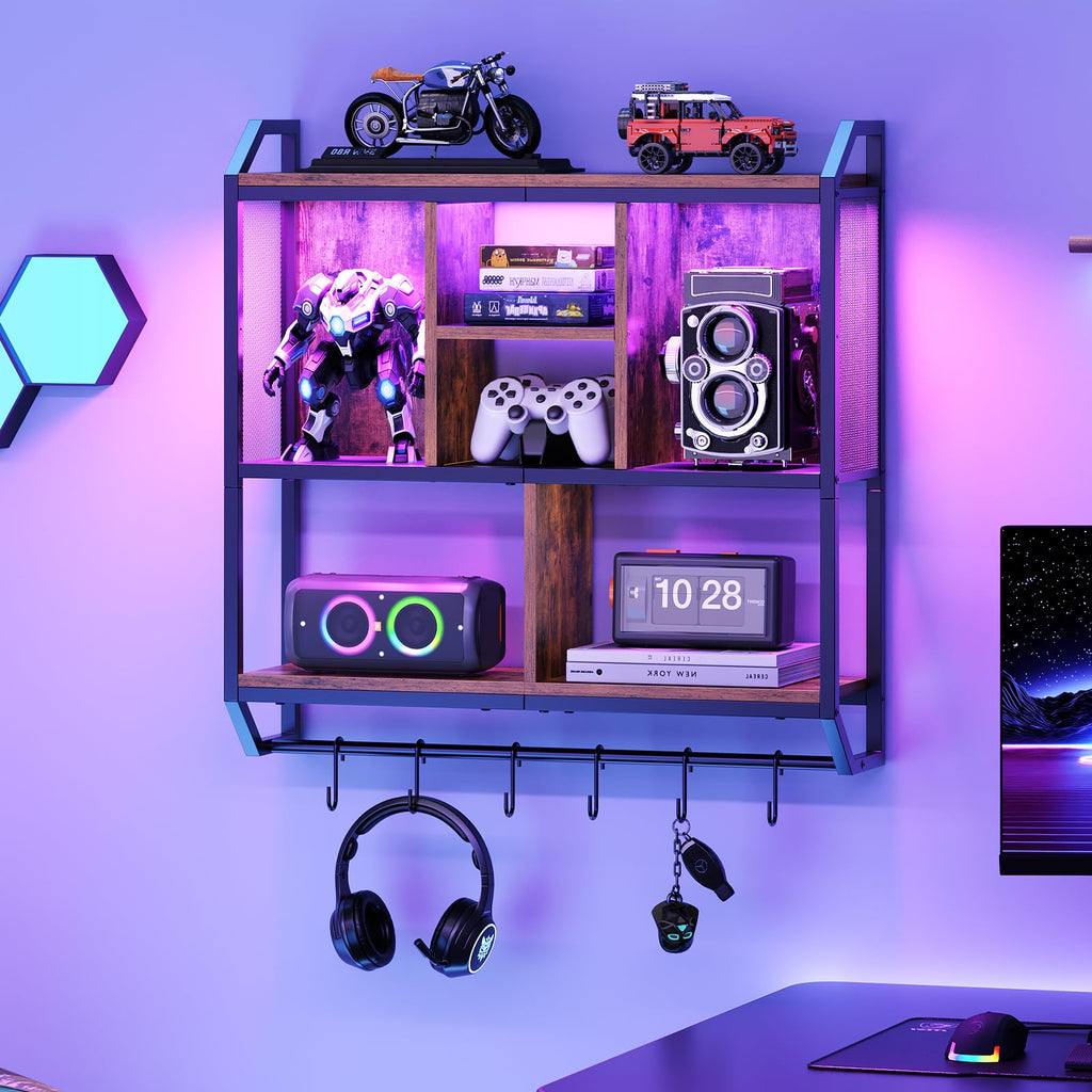 HOOBRO Gaming Floating Shelves with LED Lights, 28.7" LED Wall Mounted Shelf, 3-Tier Display Rack for Wall Storage, Floating Rack with Hanging Rod and 6 S-Hooks, for Gaming Room, Black BB70DBJ01 - Flex Gamingproduct_type