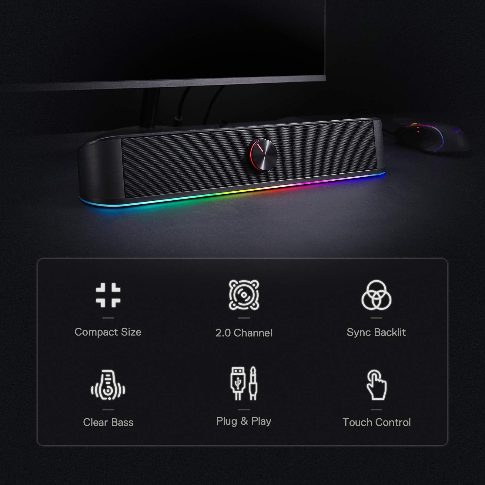 Redragon GS560 RGB Desktop Soundbar, 2.0 Channel Computer Speaker with Dynamic Lighting Bar Audio-Light Sync/Display, Touch-Control Backlit with Volume Knob, USB Powered w/ 3.5mm Cable, Black - Flex Gamingproduct_type
