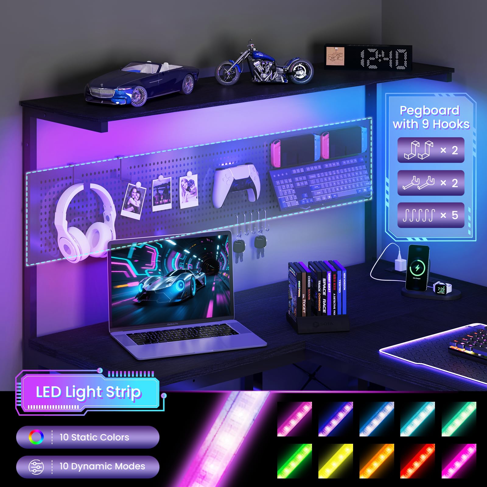 Apicizon L Shaped Desk Gaming Desk with LED Light & Power Outlet, 47 Inch Reversible Computer Desk with Pegboard & Shelf & Storage Bag for Home Office, Black - Flex Gamingproduct_type