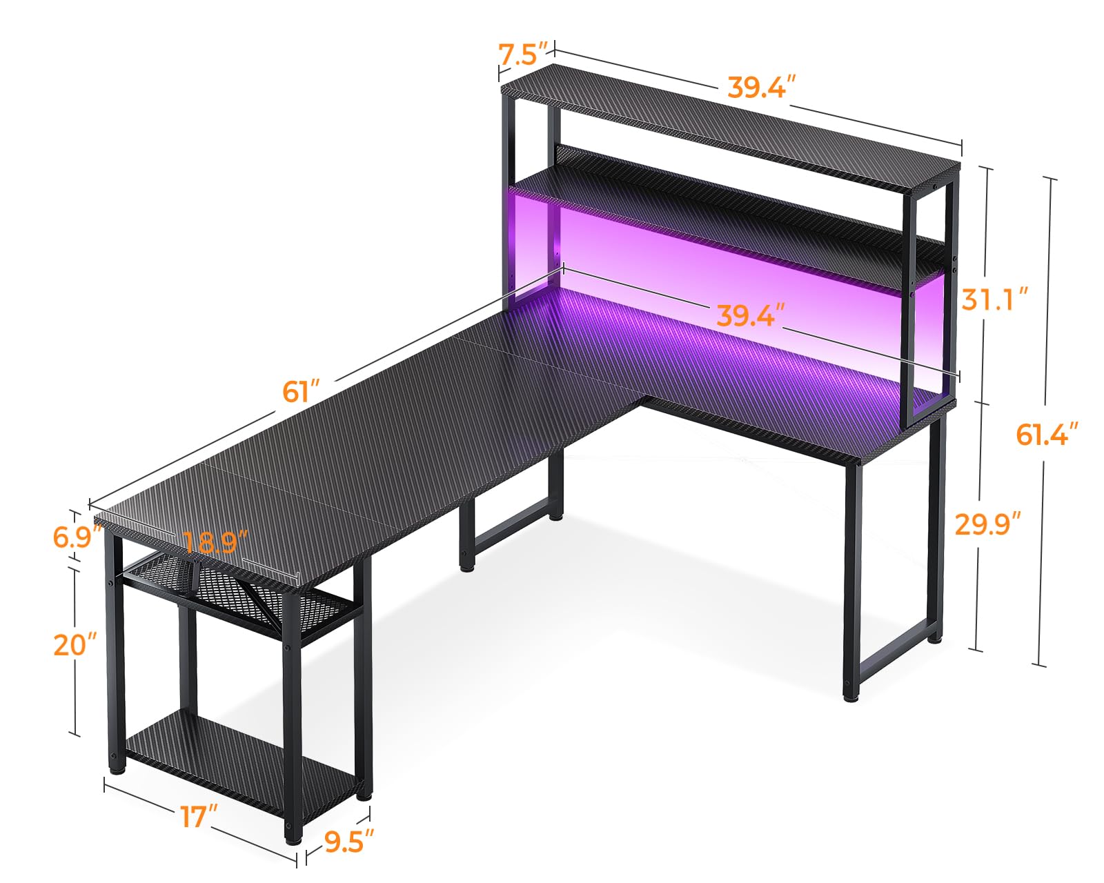 ODK 53" L Shaped Gaming Desk with Hutch & Headphone Hook, Corner Computer Table with Storage Shelves for Home Office, Black - Flex Gamingproduct_type