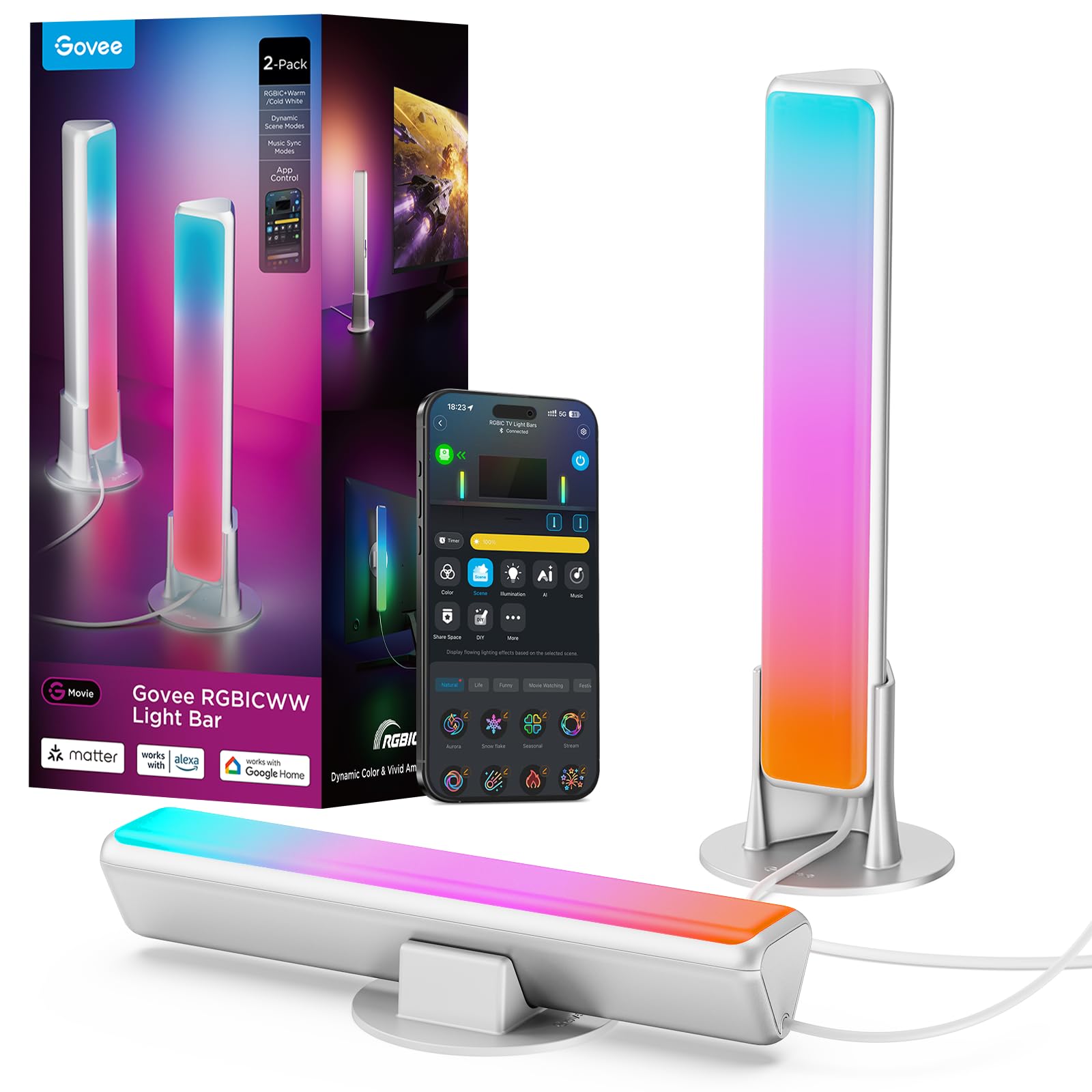 Govee Smart LED Light Bars, Work with Alexa and Google Assistant, RGBICWW WiFi TV Backlights with Scene and Music Modes for Gaming, PC, Living Room Decoration, Black - Flex Gamingproduct_type