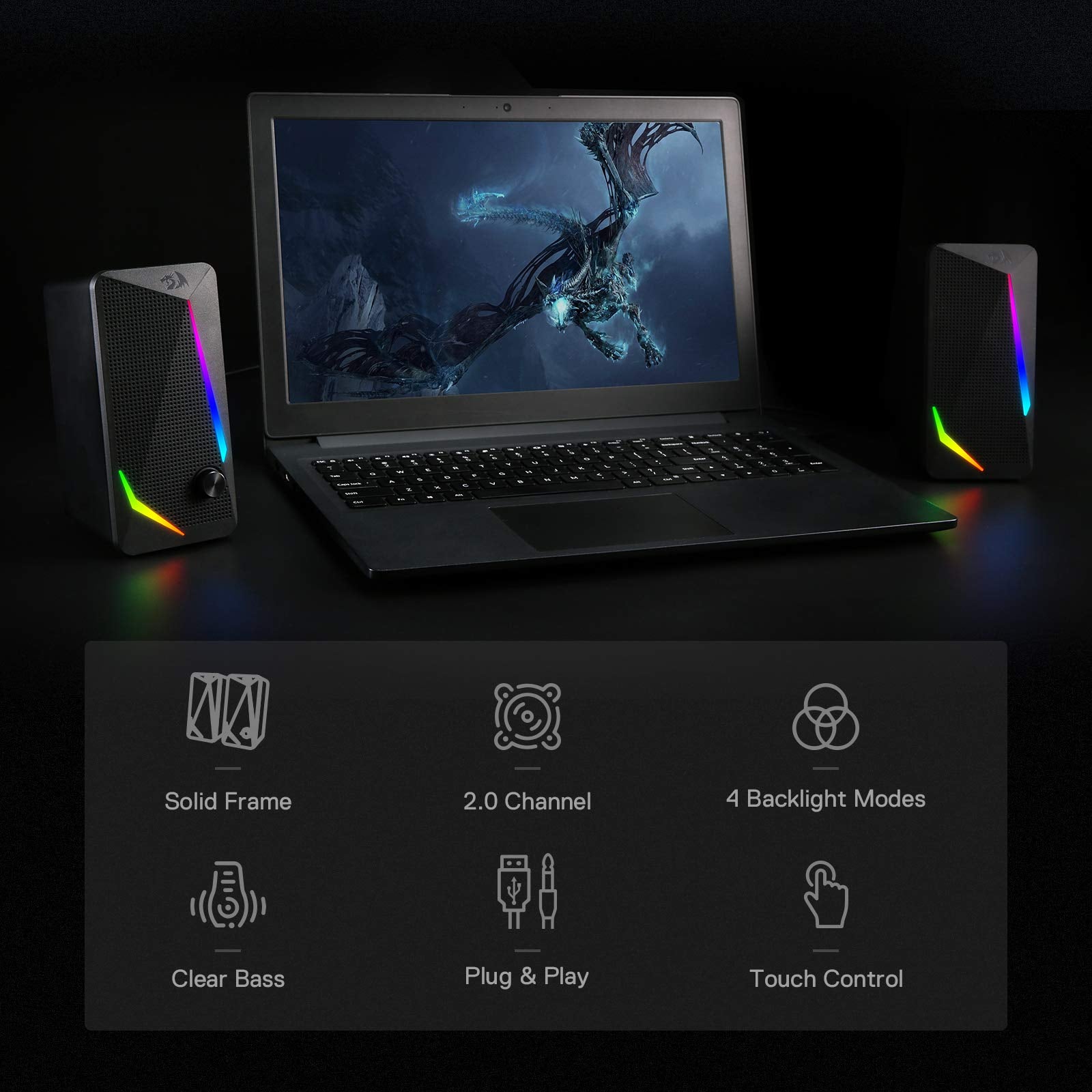 Redragon GS510 RGB Desktop Speakers, 2.0 Channel PC Computer Speaker with 4 Colorful LED Backlight Modes, Enhanced Bass and Easy-Access Volume Control, USB Powered w/ 3.5mm Cable - Flex Gamingproduct_type