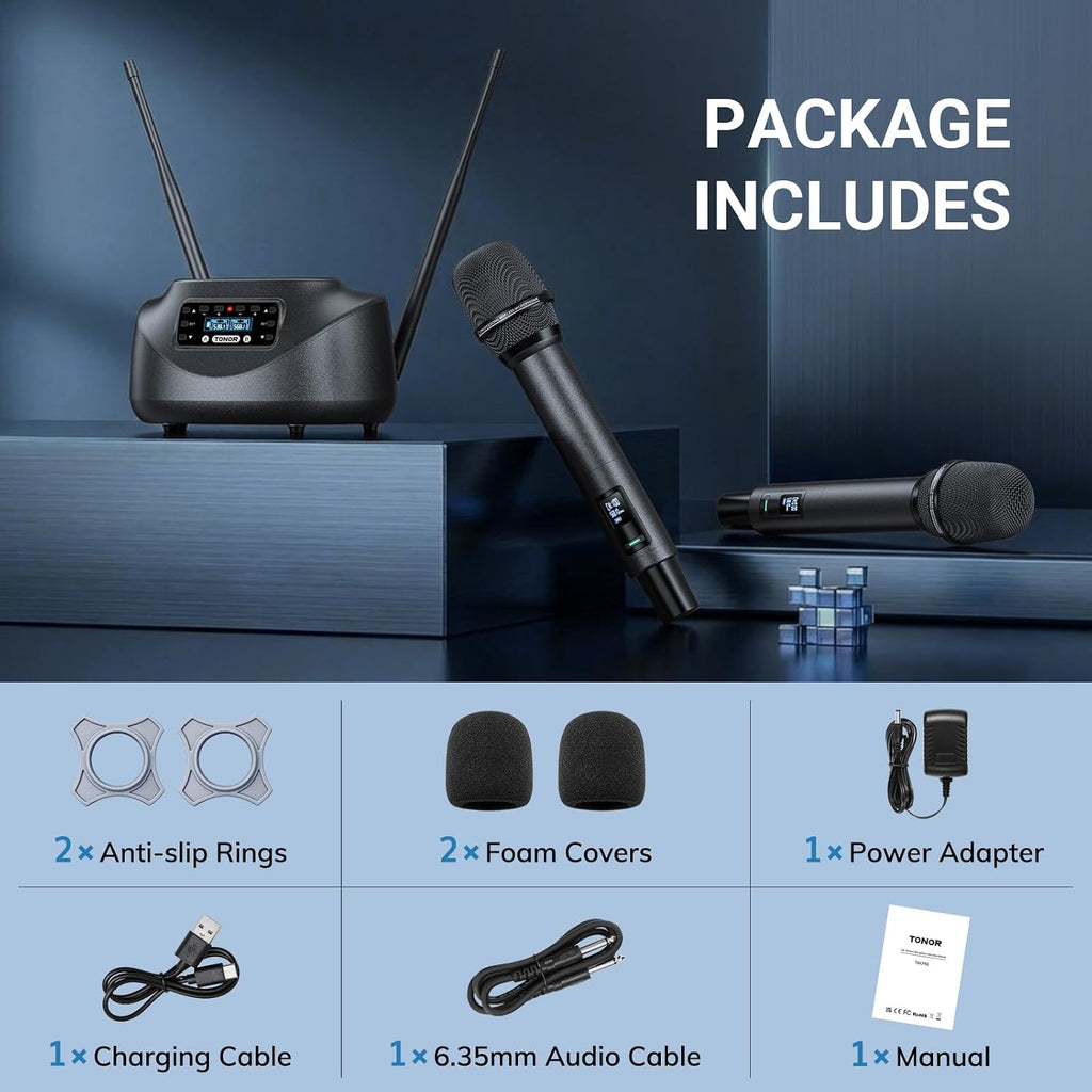 TONOR Bluetooth Wireless Microphones, Rechargeable UHF Cordless Microphone System for Home Party, Metal Dual Handheld 260ft for Home Karaoke, Church, Party,TW-790, Black