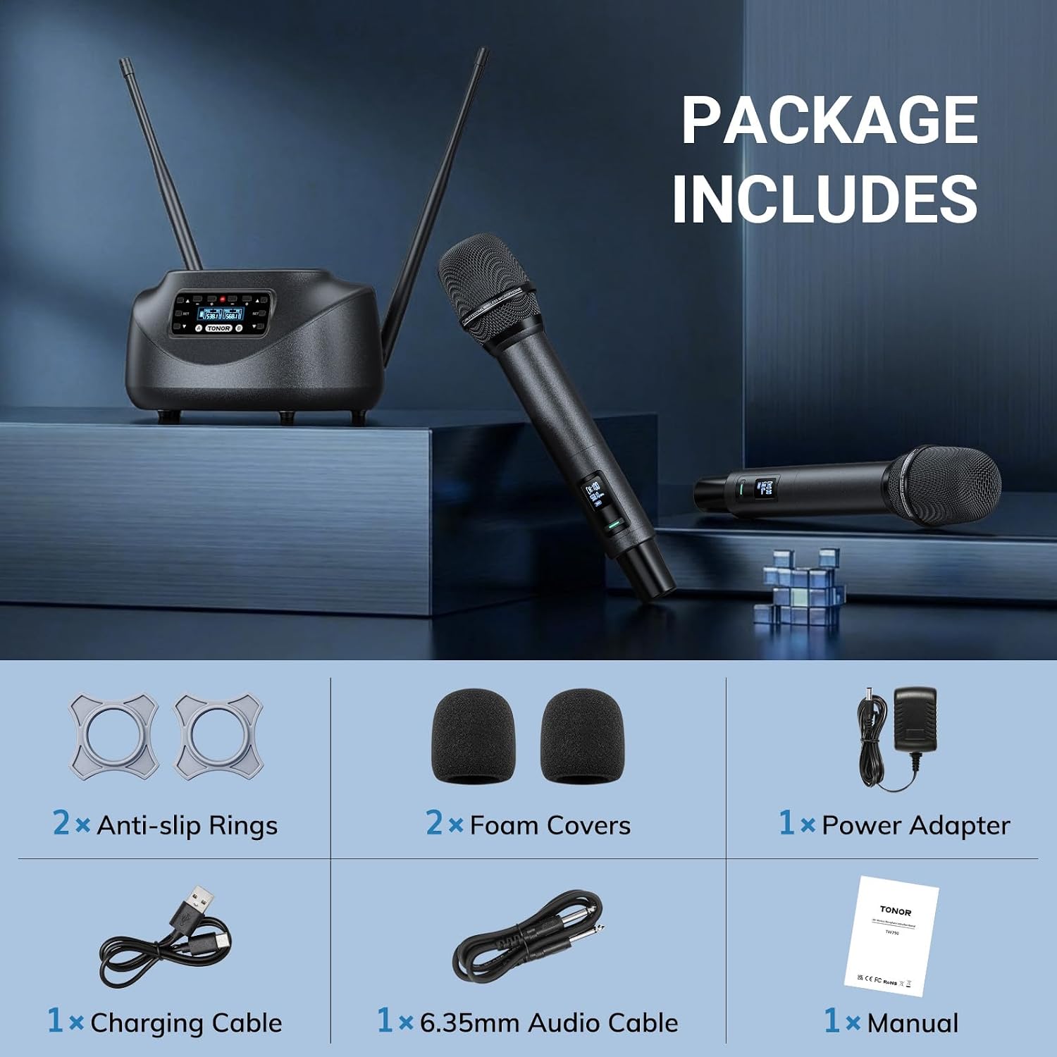 TONOR Bluetooth Wireless Microphones, Rechargeable UHF Cordless Microphone System for Home Party, Metal Dual Handheld 260ft for Home Karaoke, Church, Party,TW-790, Black