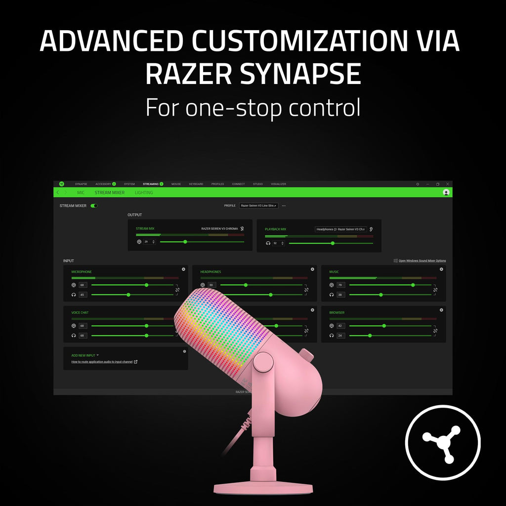 Razer Seiren V3 Chroma RGB, Stream & Game Reactive, USB Microphone, Black | Tap-to-Mute Sensor, Condenser Mic, Digital Gain Limiter & Shock Absorber, Works with OBS, Discord, Zoom, Teams