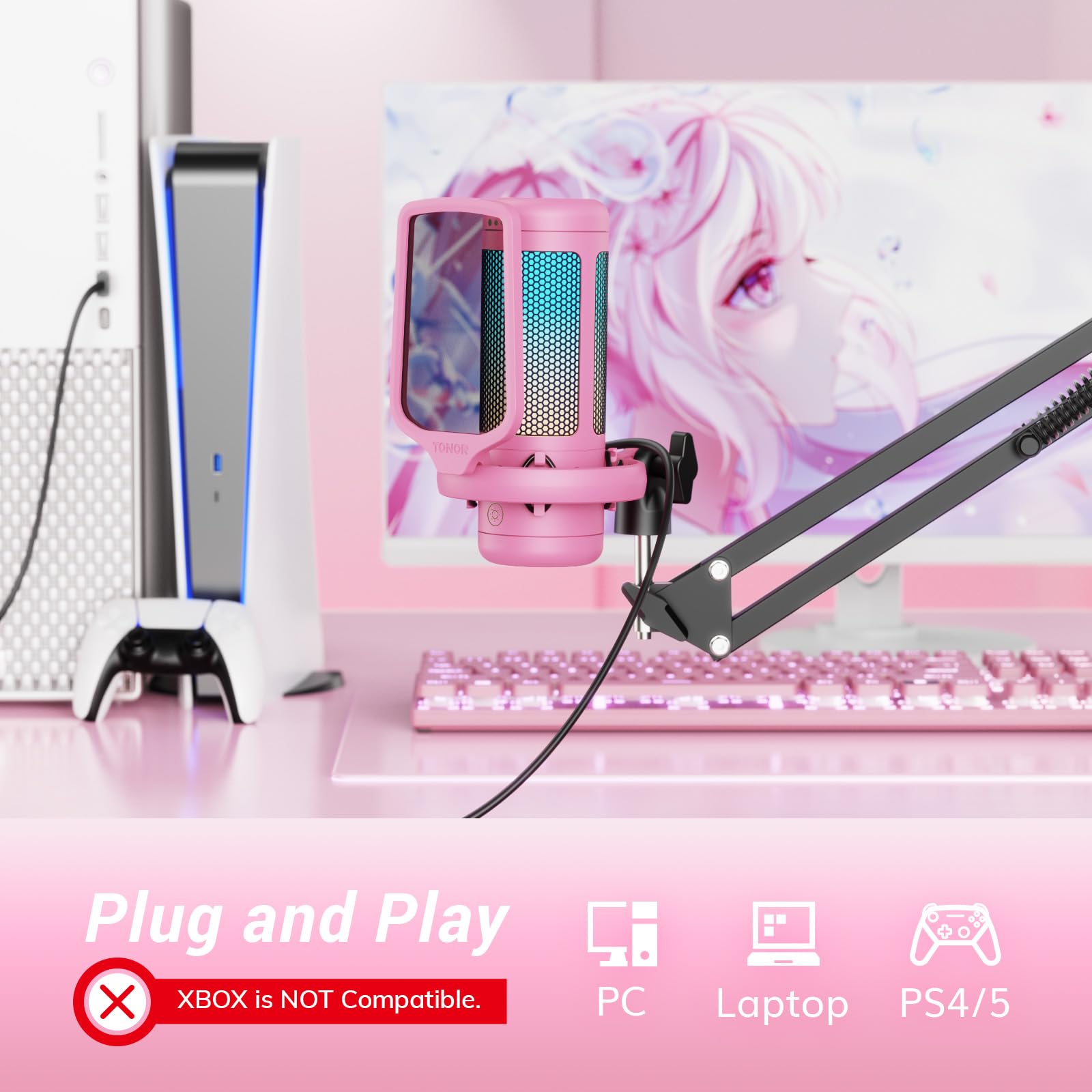 TONOR Gaming Microphone Set with Boom Arm, Vocal Condenser Microphone for PC with Stand, USB Mic with controllable RGB Light, One Tap Mute, Volume Control, for Discord, Twitch Streaming, TC310+ - Flex Gamingproduct_type
