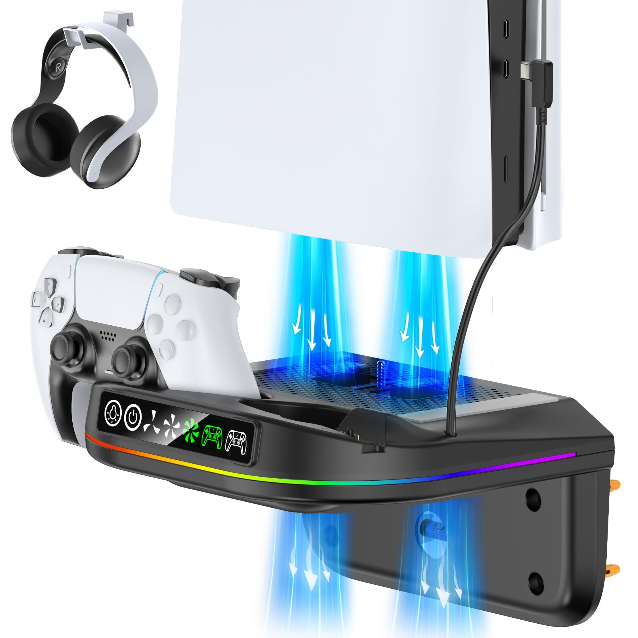 Tokluck PS5 Wall Mount Kit with Cooling Fan & Charging Station – 2 Sizes & 3 Colours