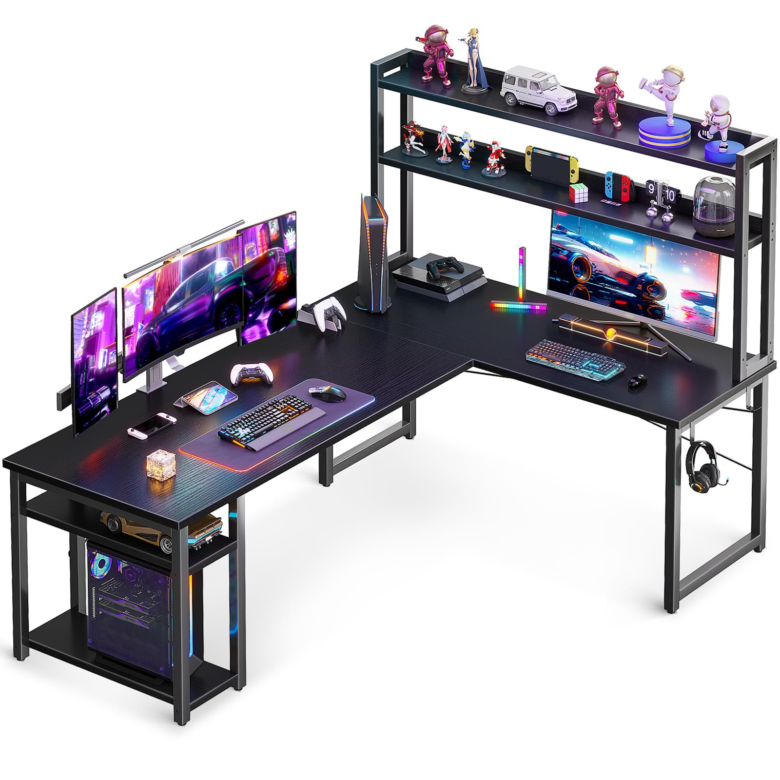 ODK 53" L Shaped Gaming Desk with Hutch & Headphone Hook, Corner Computer Table with Storage Shelves for Home Office, Black - Flex Gamingproduct_type