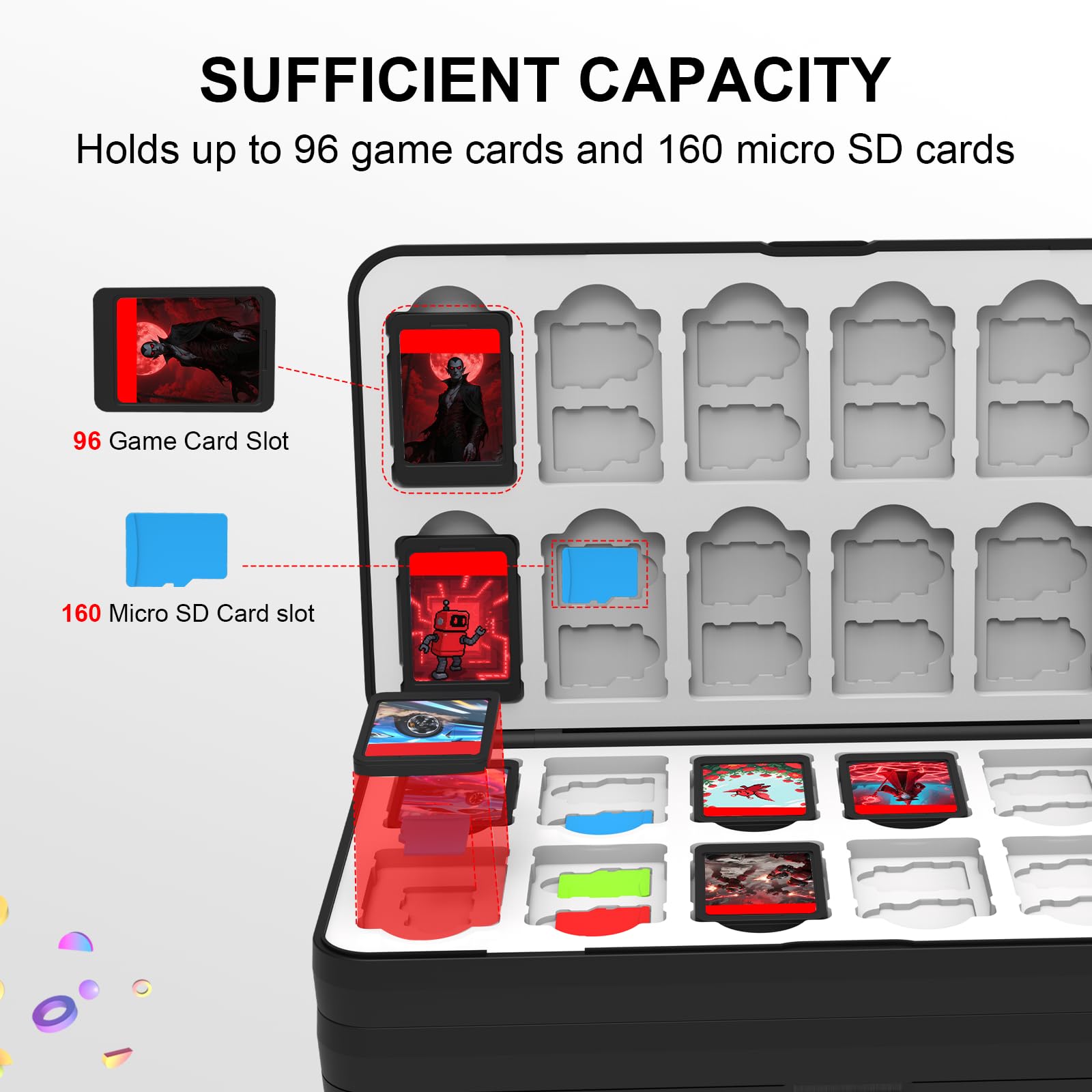 QuoLumPIA 96 Game Case - for Nintendo Switch 2/OLED/Lite Cartridge storage with 96 Game Card Slots & 160 Micro SD Card Slots, Black, Hard Shell, Silicone Lining, Magnetic snap, Travel, Gift, Party - Flex Gamingproduct_type