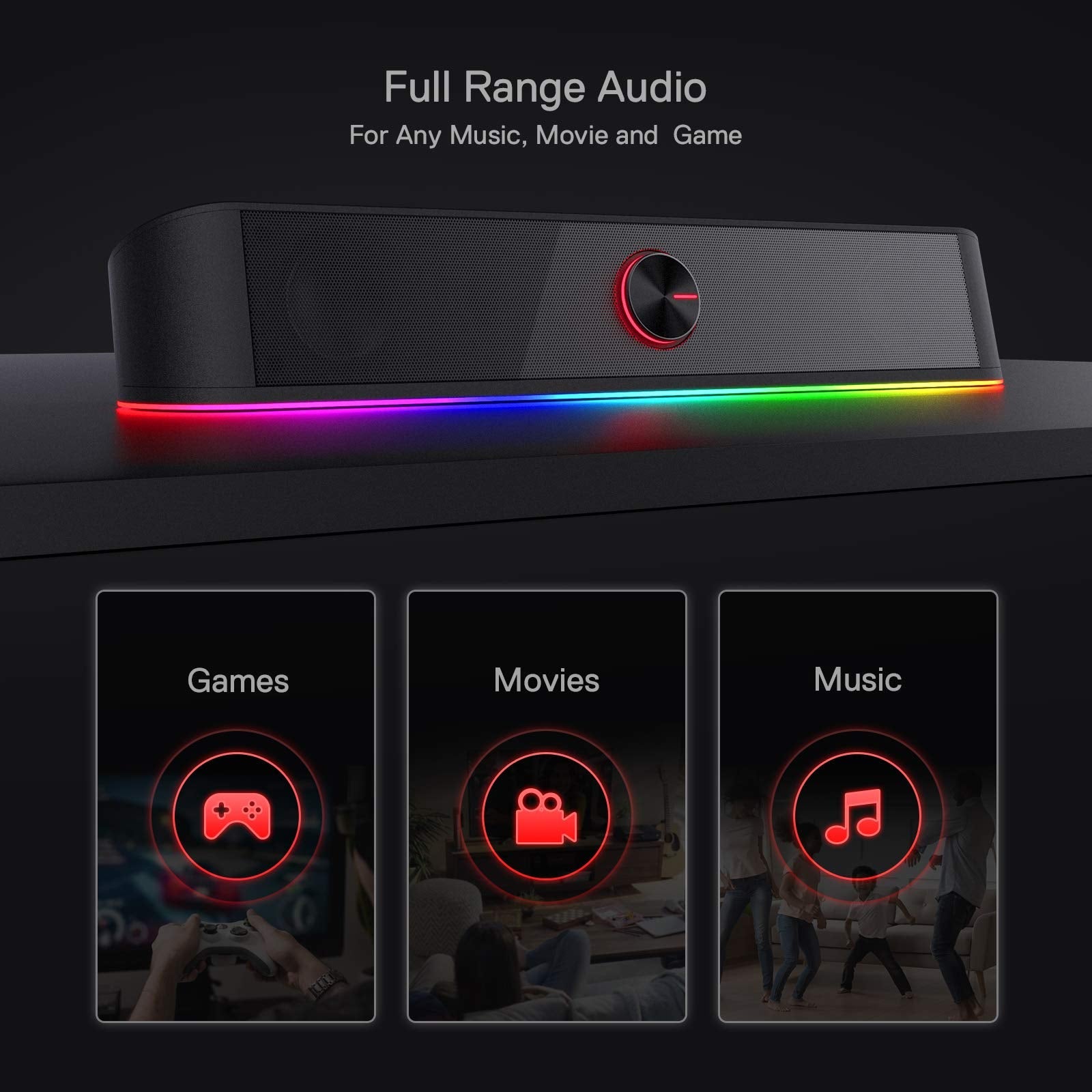 Redragon GS560 RGB Desktop Soundbar, 2.0 Channel Computer Speaker with Dynamic Lighting Bar Audio-Light Sync/Display, Touch-Control Backlit with Volume Knob, USB Powered w/ 3.5mm Cable, Black - Flex Gamingproduct_type