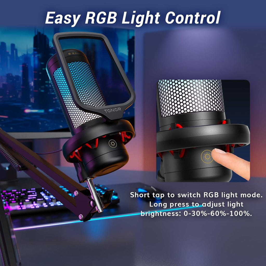 TONOR Gaming Microphone Set with Boom Arm, Vocal Condenser Microphone for Content Creators, USB Mic for PC with Stand, RGB, Tap Mute, Gain Control, Gaming Equipemnt, Twitch, Streaming, TC310+ | Boom Arm Set, USB Mic with Controllable Light, One Tap Mute,