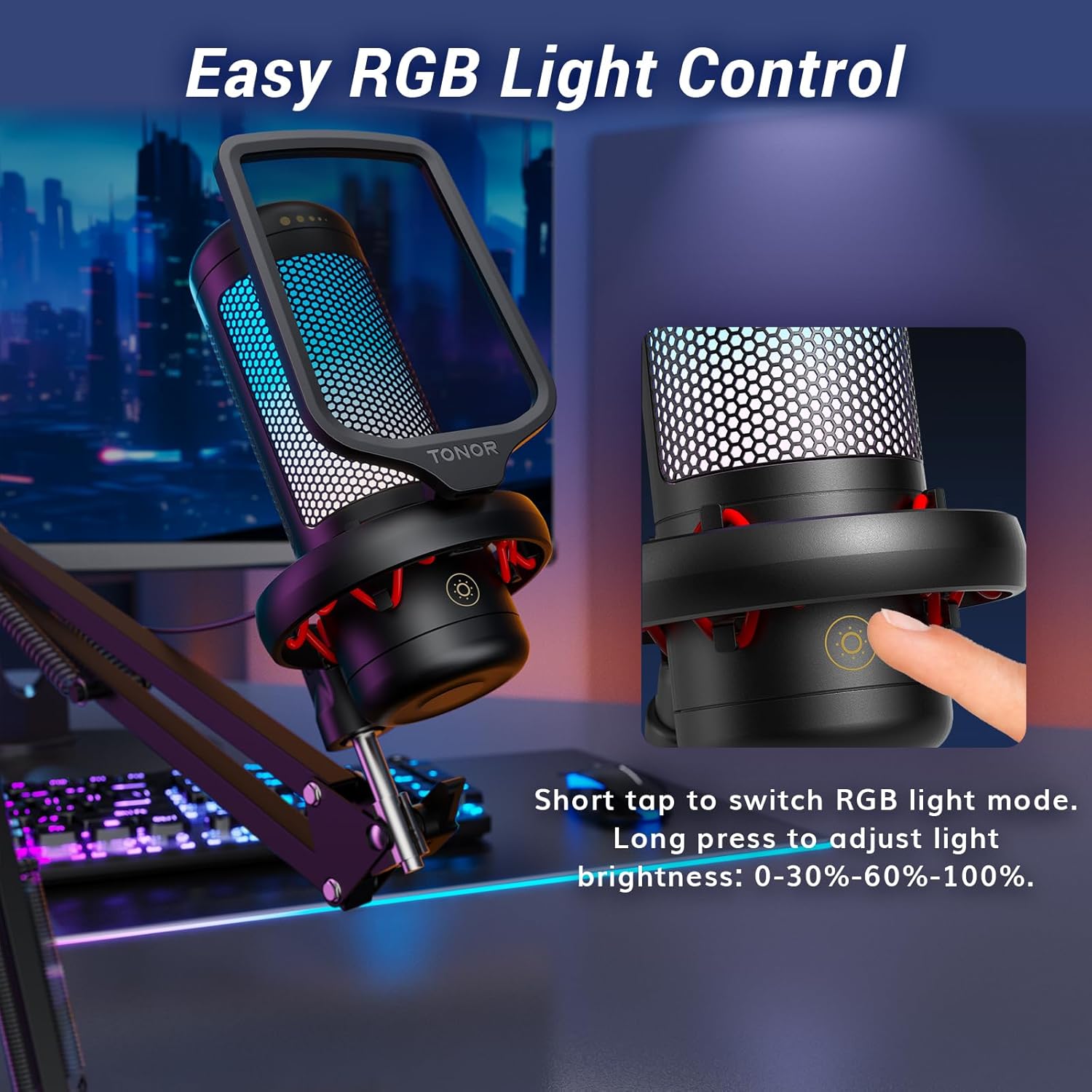 TONOR Gaming Microphone Set with Boom Arm, Vocal Condenser Microphone for Content Creators, USB Mic for PC with Stand, RGB, Tap Mute, Gain Control, Gaming Equipemnt, Twitch, Streaming, TC310+ | Boom Arm Set, USB Mic with Controllable Light, One Tap Mute,