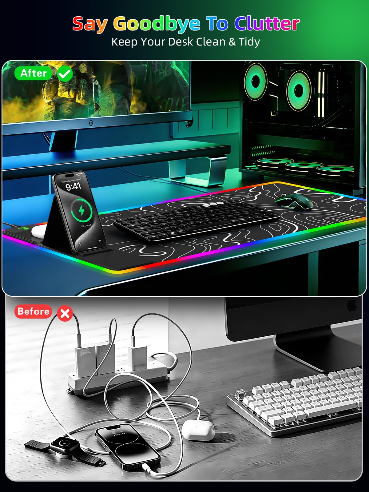 XXL Mouse Pad with Phone Holder - Black, RGB Desk Mat with 15W Fast Charging, LED Gaming Mousepad with 11 Light Colors, Waterproof Non-Slip Pad for Office & Home (Wave) - Flex Gamingproduct_type