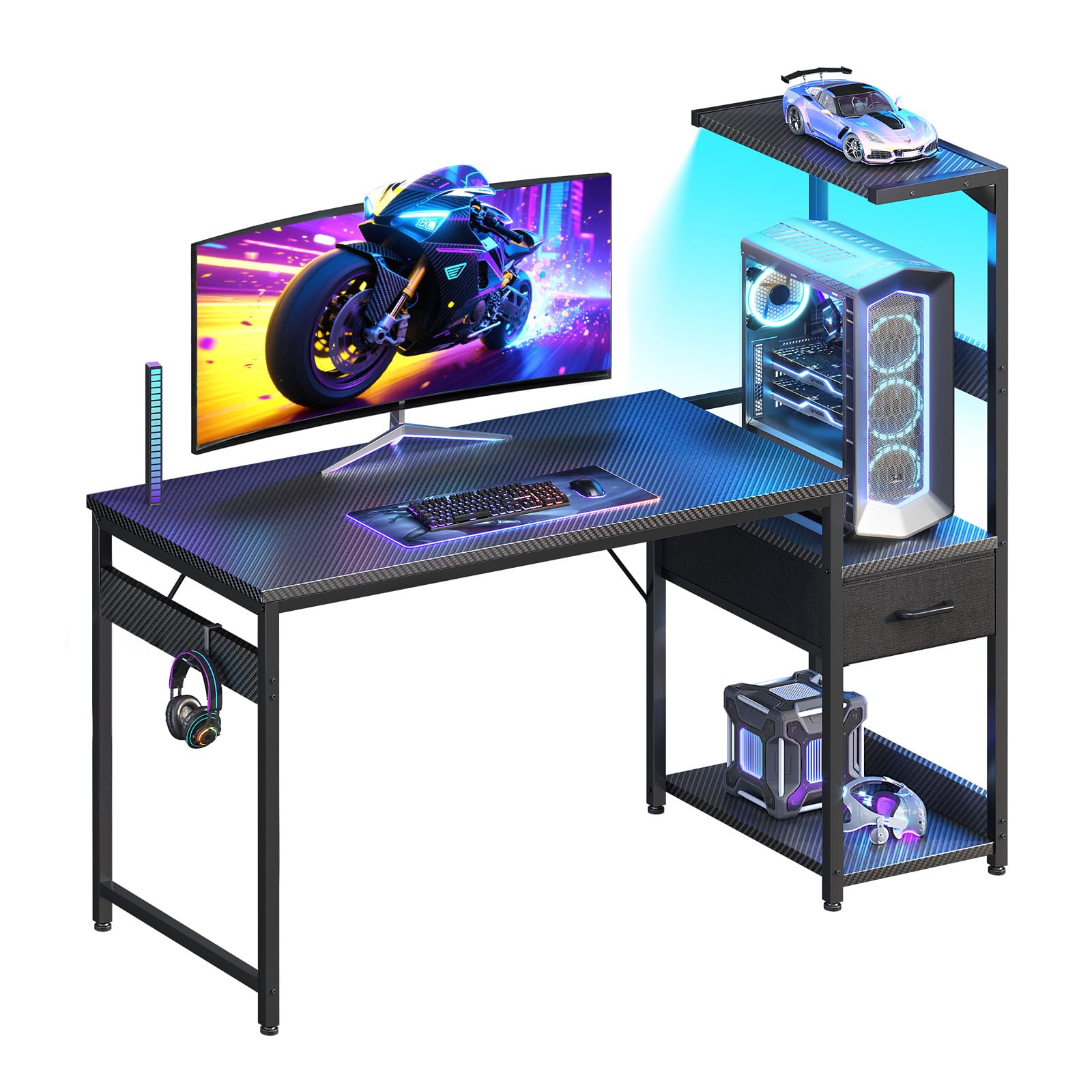 Casaottima 48'' Gaming Desk with LED Lights & CPU Stand, Reversible Computer Desk with Storage Shelves & Fabric Drawer, Modern PC Gamer Table with Headphone Hook, Carbon Fiber Black - Flex Gamingproduct_type