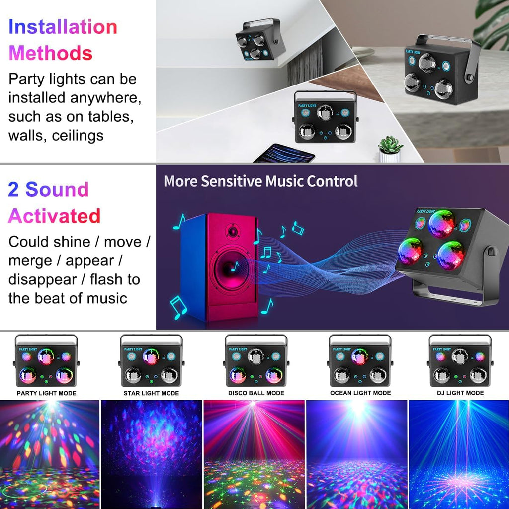 Party Lights,Disco DJ Strobe Light Rave Stage Projector Effect Dance Club Light Sound Activated with Remote Control for Parties Home Show KTV Pub Dance Christmas