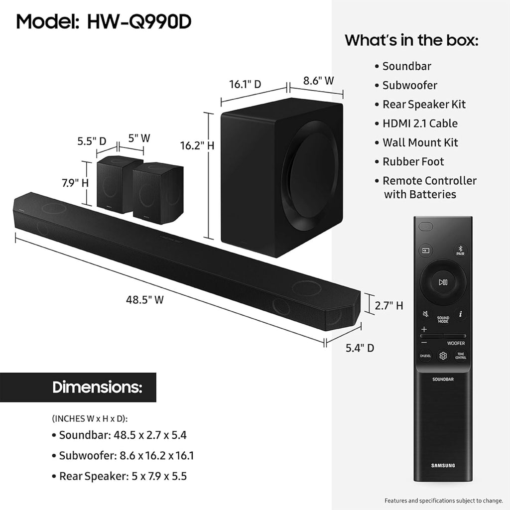 Samsung Q990D 11.1.4ch Wireless Dolby Atmos Soundbar with Rear Speakers