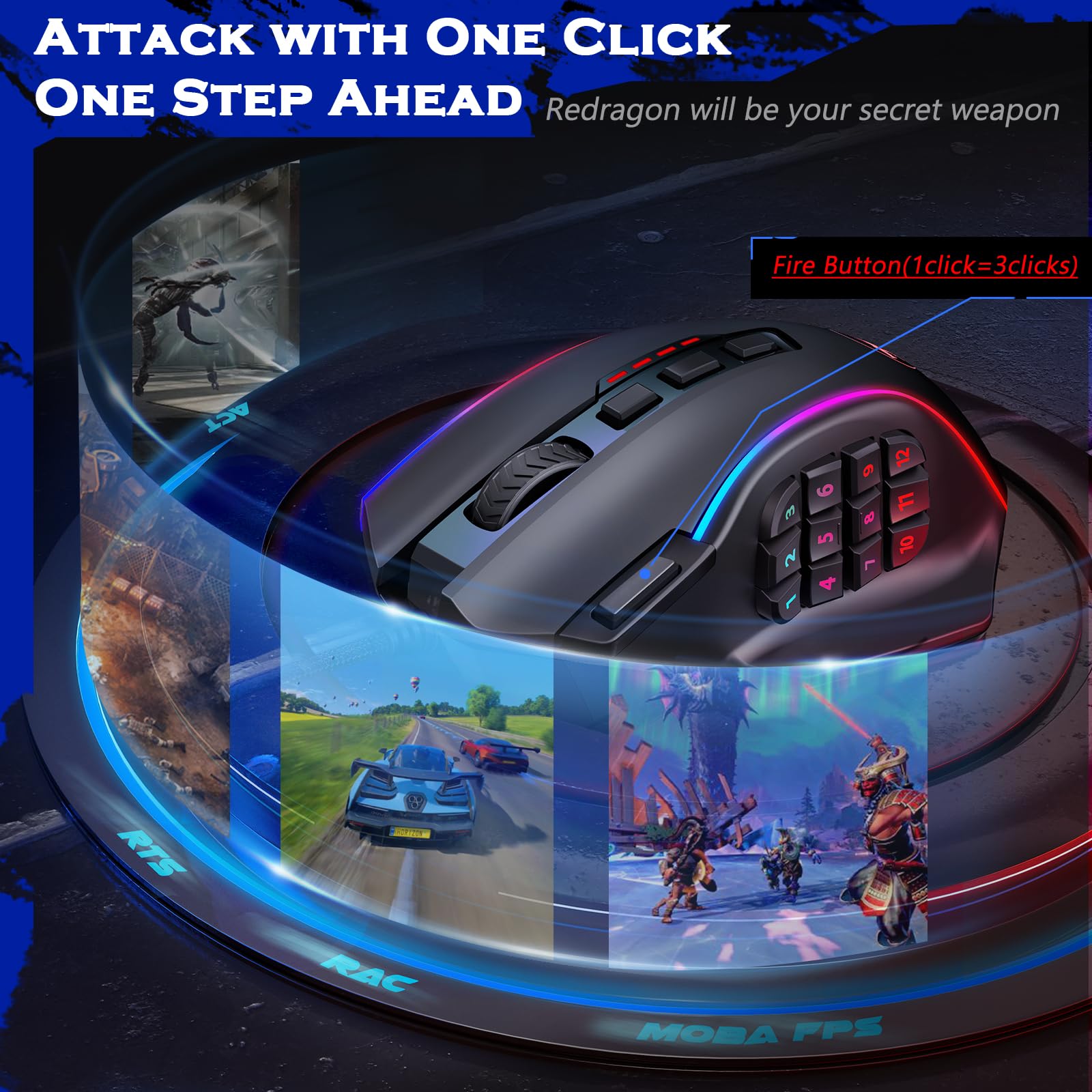 Redragon Gaming Mouse, MMO Mouse Gaming UP 12400 DPI, 19 Macro Programmable Buttons, RGB Mouse with 12 Side Buttons, 8 * 2.4g Weight Tuning for PC Laptop MOBA FPS, M901K, Black - Flex Gamingproduct_type