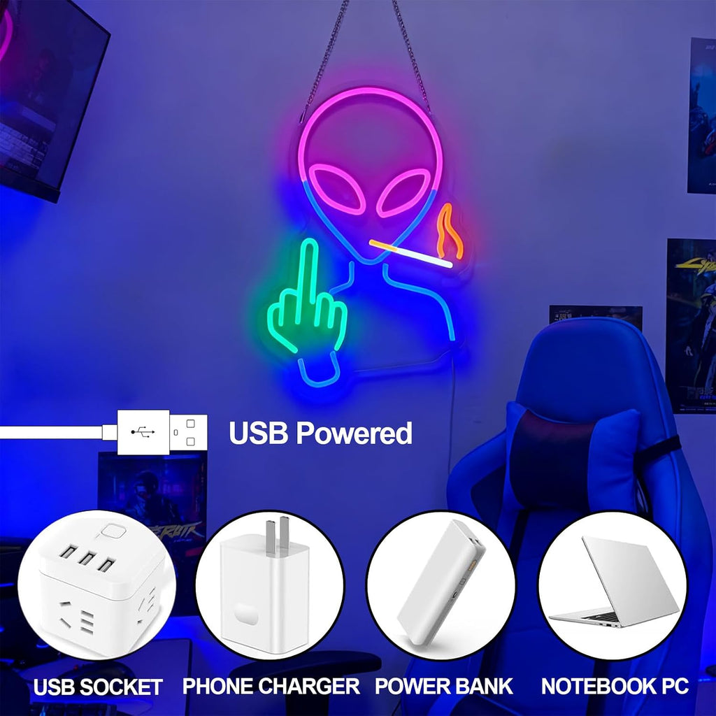 Alien Neon Sign for Wall Decor - Dimmable LED Light | 6.5ft USB Powered Edgy Decor with Hanging Chain - Perfect for Gaming Room, Man Cave & Rebel Decorations, 15.7" x 11.4"