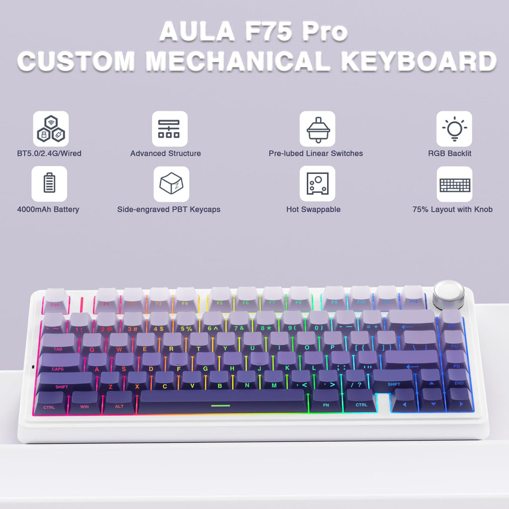 AULA F75 Pro Wireless Mechanical Keyboard,75% Hot Swappable Custom Keyboard with Knob,RGB Backlit,Pre-lubed Reaper Switches,Side Printed PBT Keycaps,2.4GHz/USB-C/BT5.0 Mechanical Gaming Keyboards - Flex Gamingproduct_type