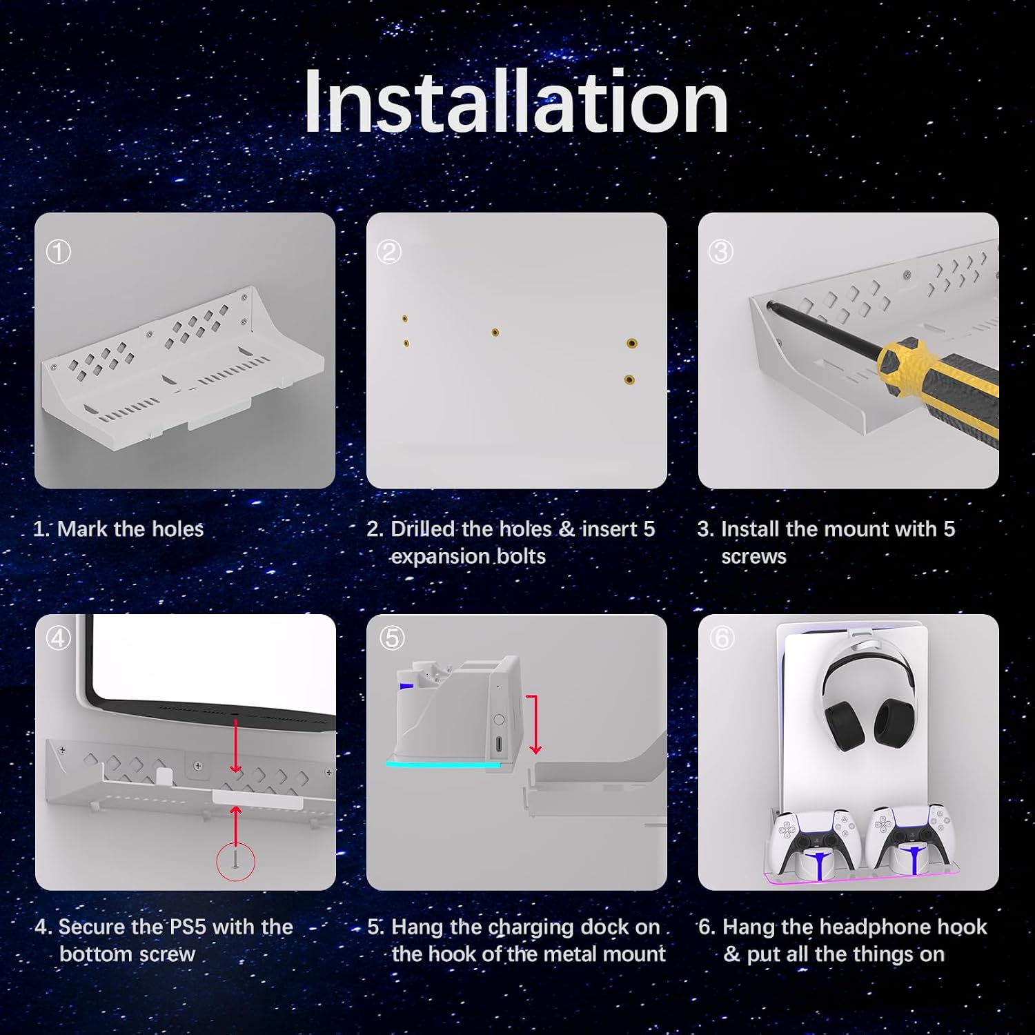 Hosanwell PS5 Wall Mount Kit with RGB Charging Station