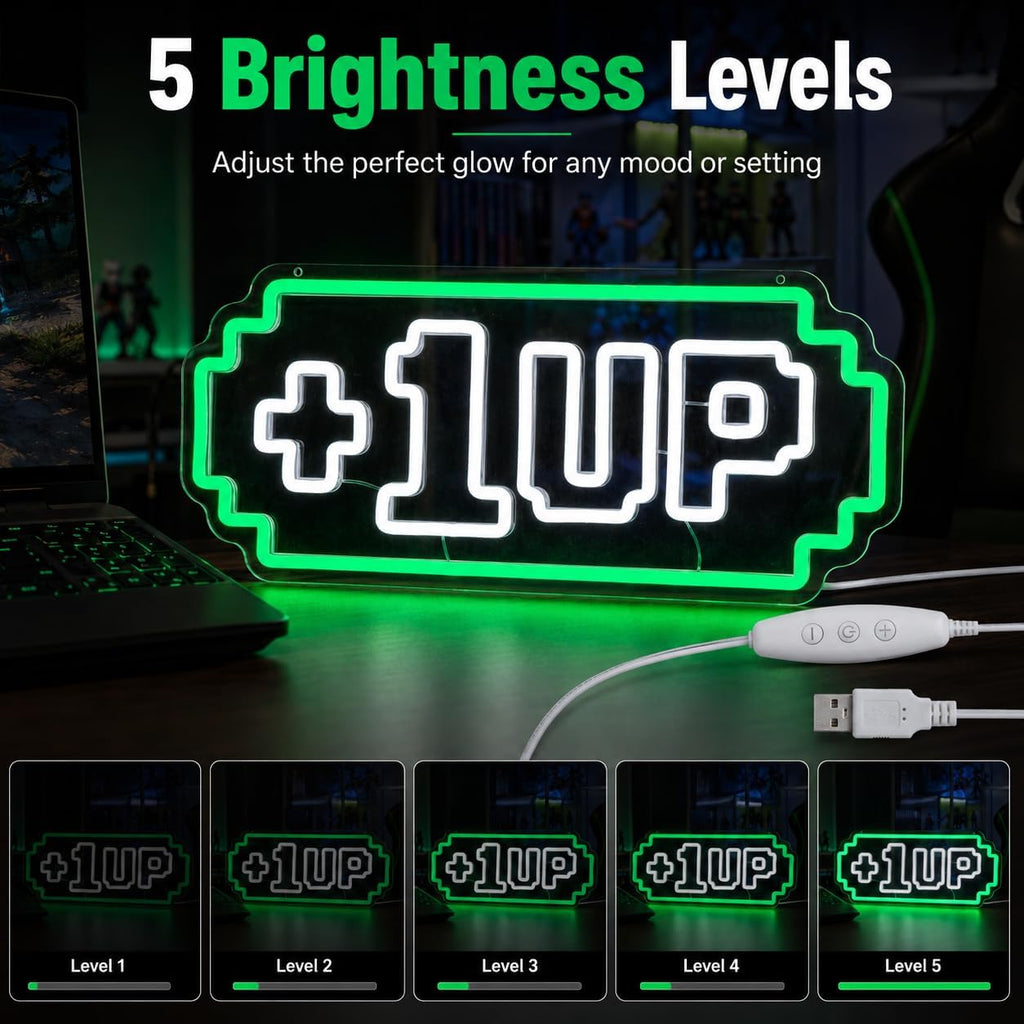 1UP Arcade Neon Sign For Wall Decor,USB Powered Led Neon Light For Game Room,Man Cave, Basement Home,Playroom,Birthday Gifts For Teens 16.9 * 7.1 inch