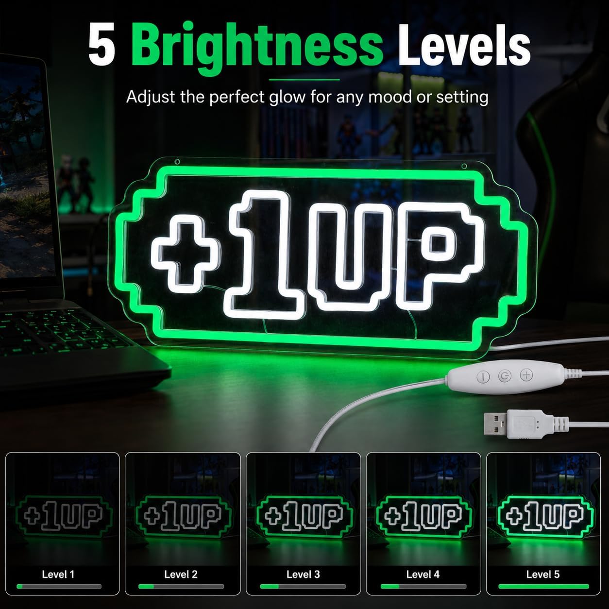 1UP Arcade Neon Sign For Wall Decor,USB Powered Led Neon Light For Game Room,Man Cave, Basement Home,Playroom,Birthday Gifts For Teens 16.9 * 7.1 inch