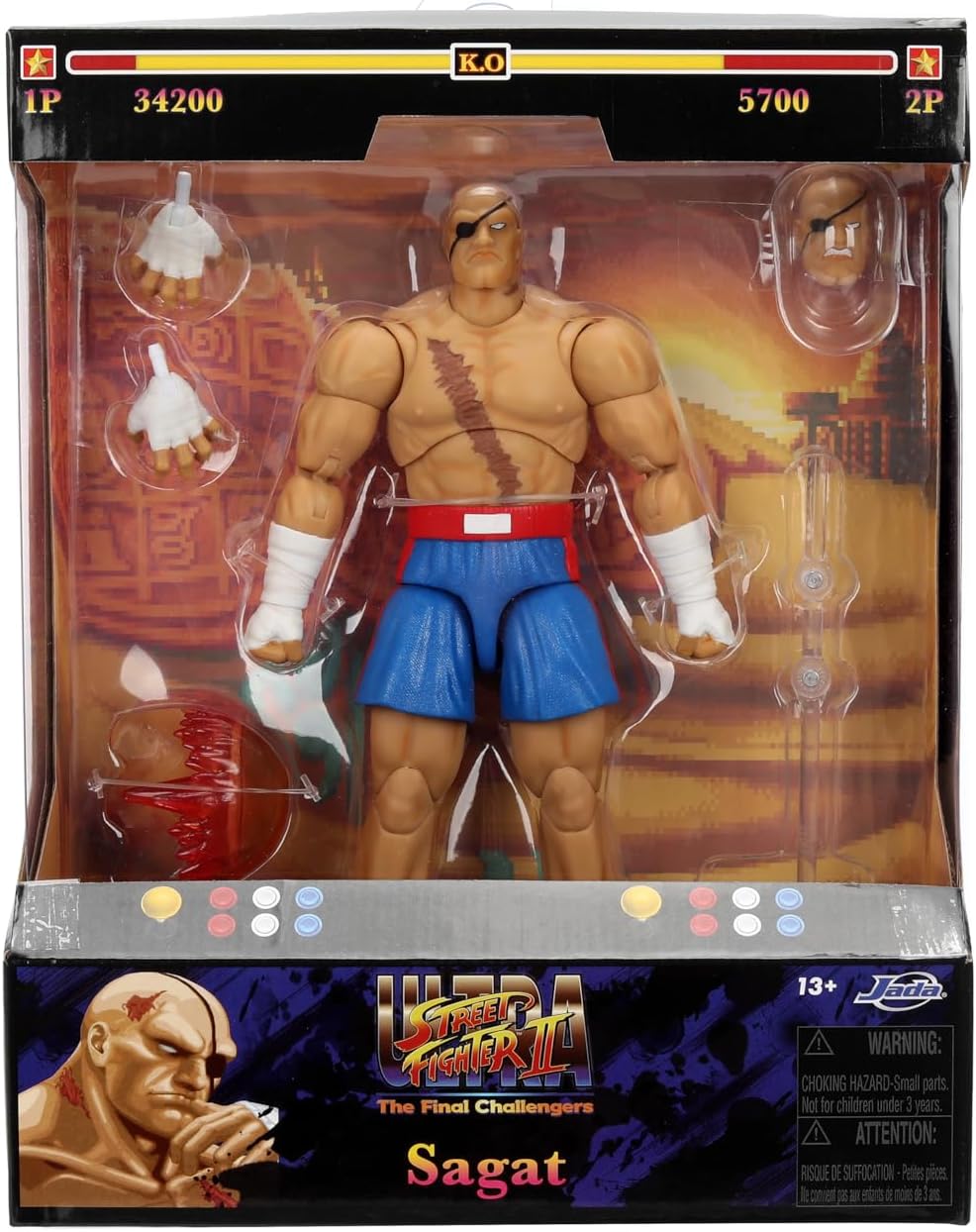 Jada Street Fighter II Sagat Deluxe 1:12 Scale Action Figure - Highly Articulated, Tiger Shot Accessory & Stand, 7.6" Tall | Highly articulated, Tiger Shot accessory and stand