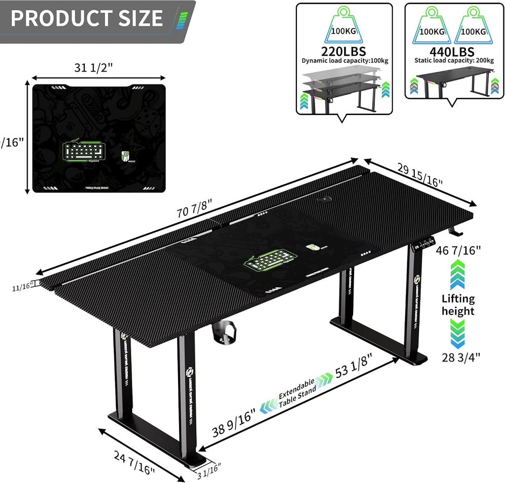 71" Gaming Standing Desk for Gamers & Streamers, 4-Leg Electric Sit Stand Desk with LED Lights, Flip-Top Cable Management, Stable Computer Desk with Wheels - Flex Gamingproduct_type