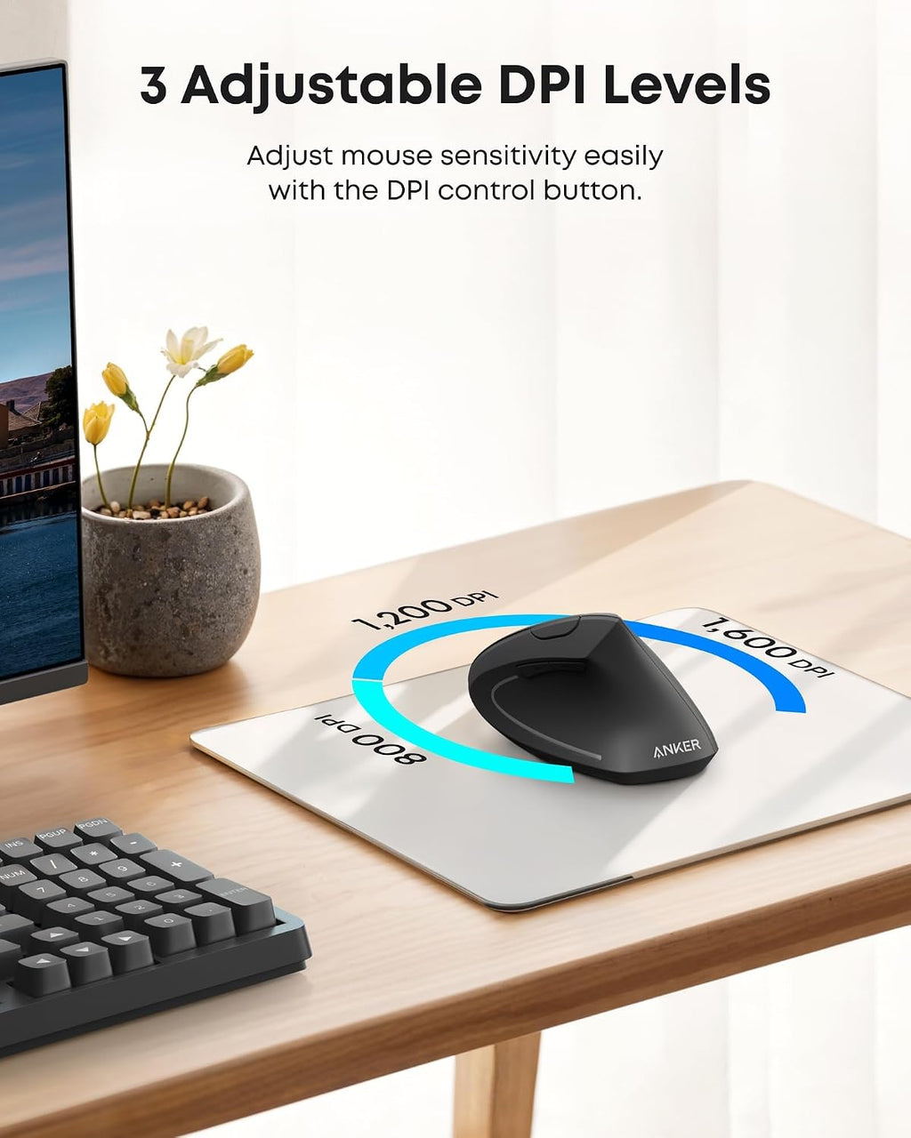 Anker 2.4G Wireless Vertical Ergonomic Optical Mouse for Work, Multi-Device Connectivity, 800/1200 /1600 DPI, 5 Buttons for Laptop, Desktop, PC - Black - Flex Gamingproduct_type
