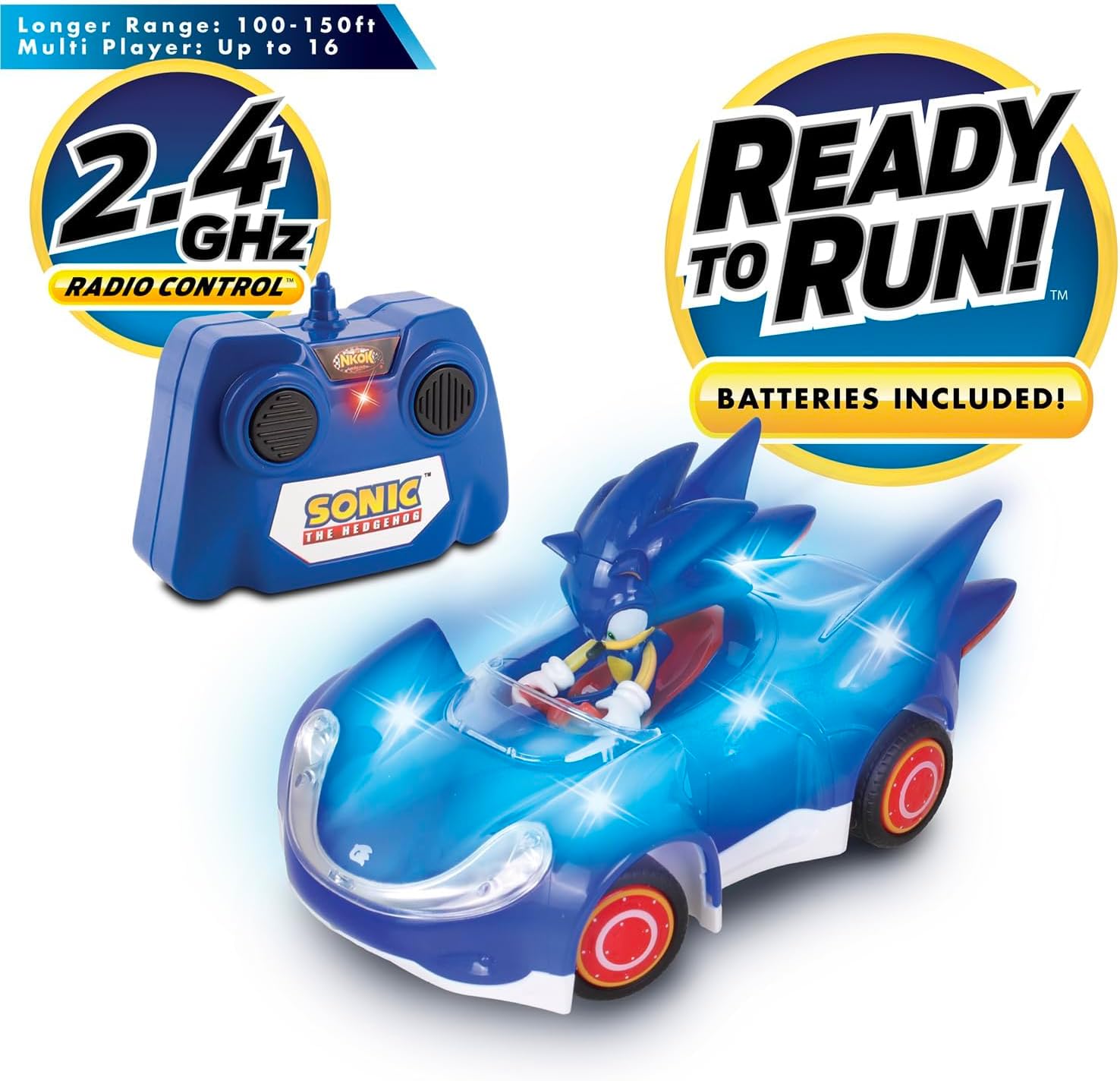 NKOK Sonic RC Car Glow Racer – Light-Up Remote Control Car, 1/28 Scale | Official Sonic the Hedgehog RC Toy with Easy Controls, Indoor & Outdoor Racing Fun, Collectible Design & Kids Gift, Ages 6+