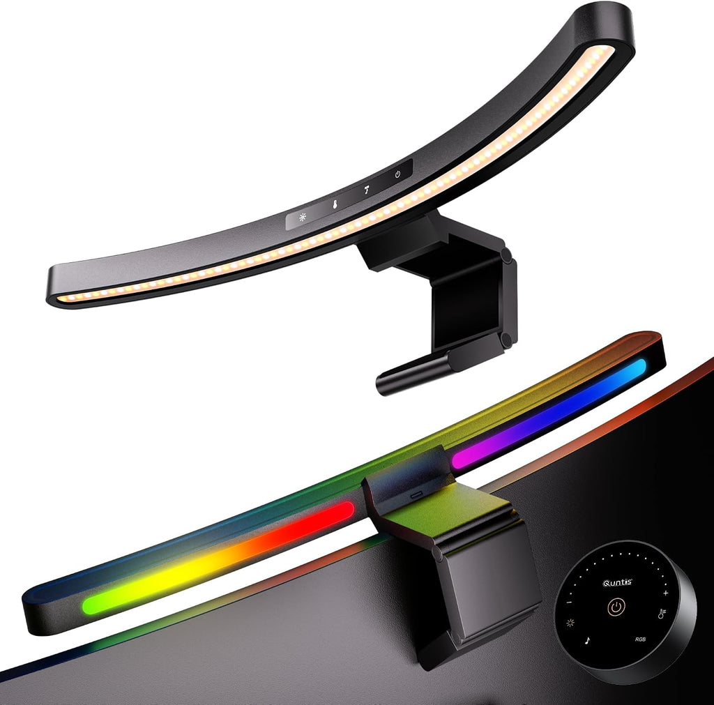 Quntis 17.7'' Curved Monitor Light Bar RGB Backlight with Music Sync, Black | Gaming & Home Office, Ra95 Eye-Care, 23 RGB Effects, Touch & Remote Control, 17–34" Curved & Flat Monitors, Webcam Compatible